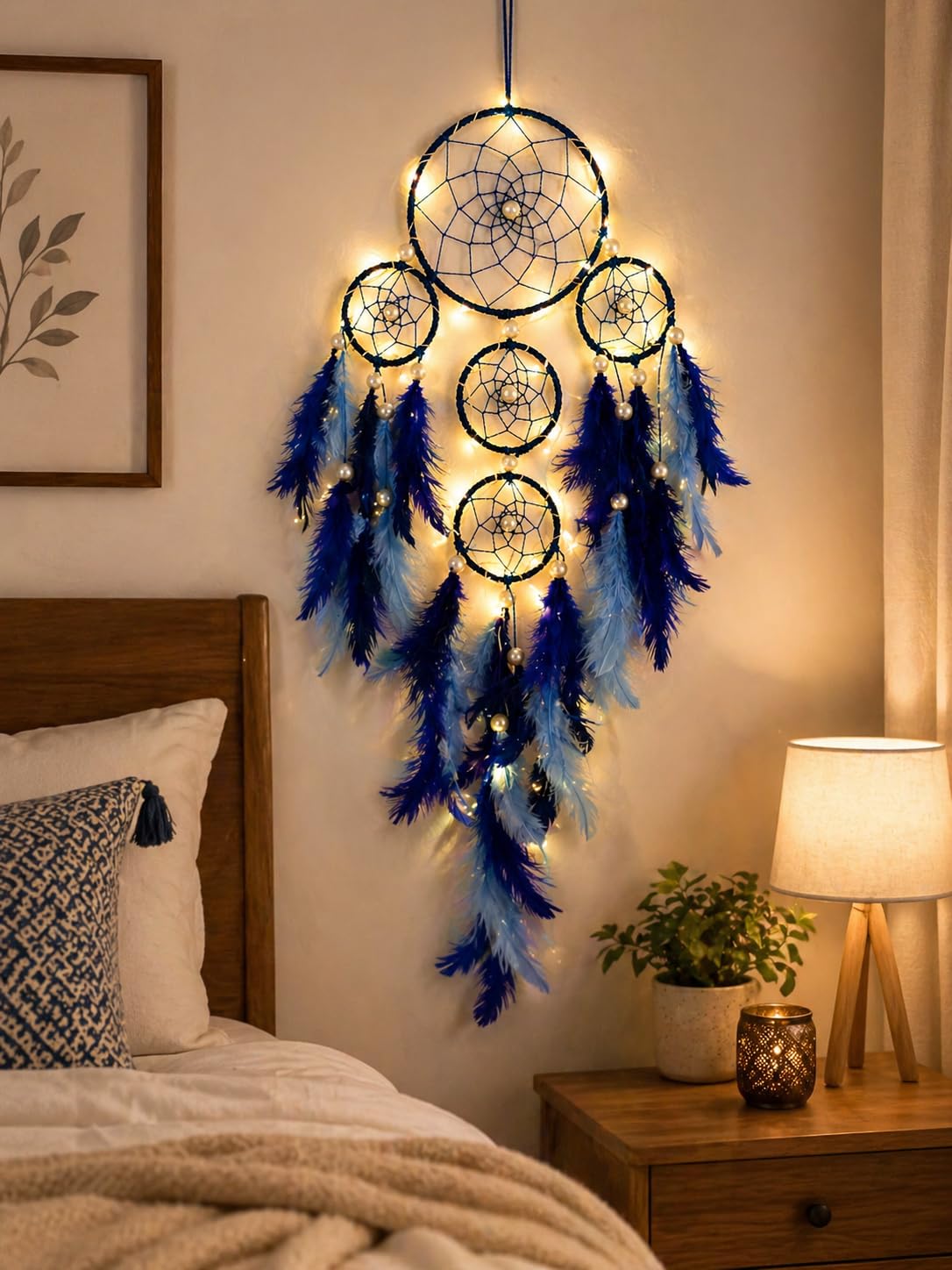 LED Dream Catcher Wall Hanging 5 Rings 15x55 cm with Blue Feathers Pearl Beads Boho Bedroom Decor Night Light Nursery Living Room Car Hanging Spiritual Protection Handmade Gift-image-35