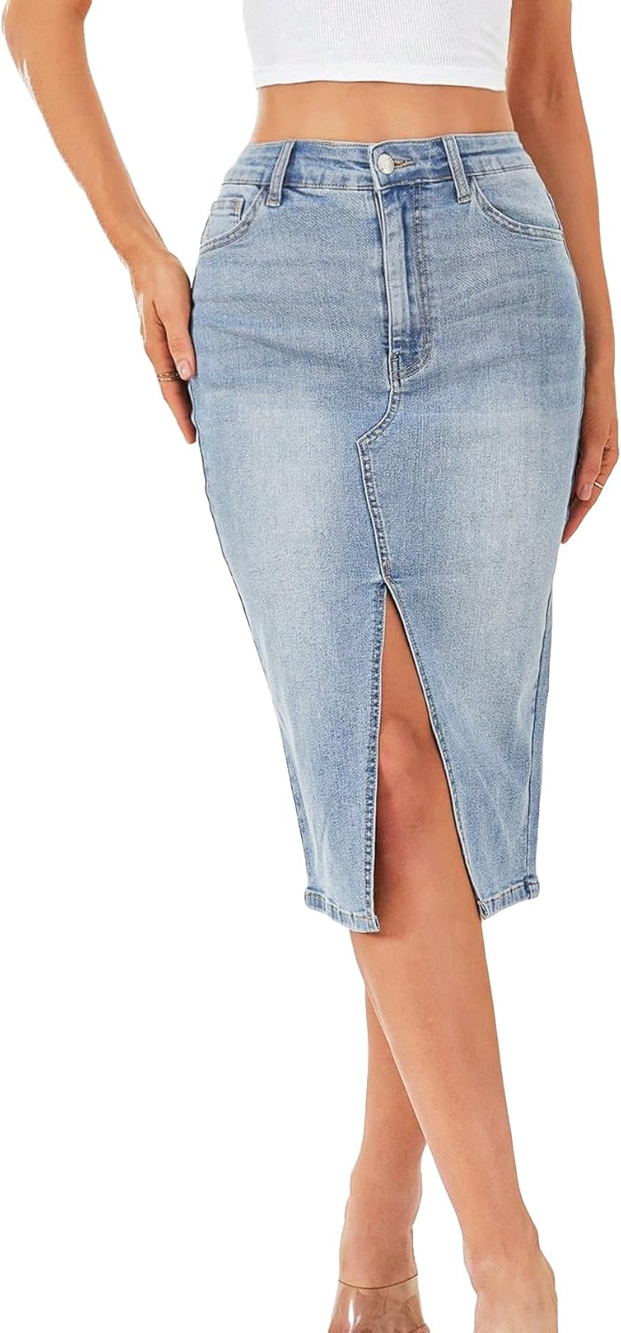 Floerns Women's Casual High Waisted Split Thigh Denim Jeans Midi Skirt