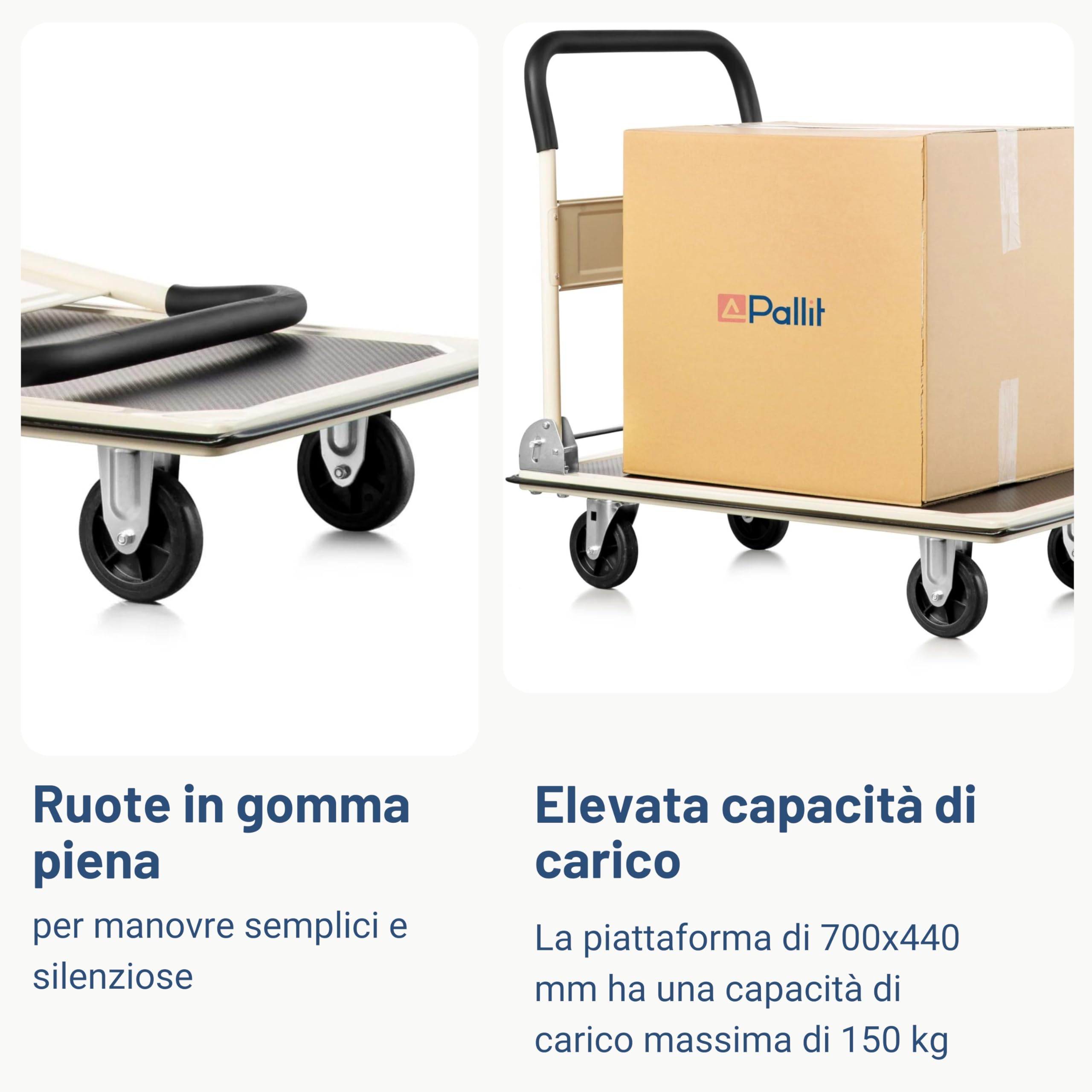 Pallit Carrello per trasporto pieghevole CARRY | portata 150 kg | Carrello a piattaforma con rivestimento antiscivolo