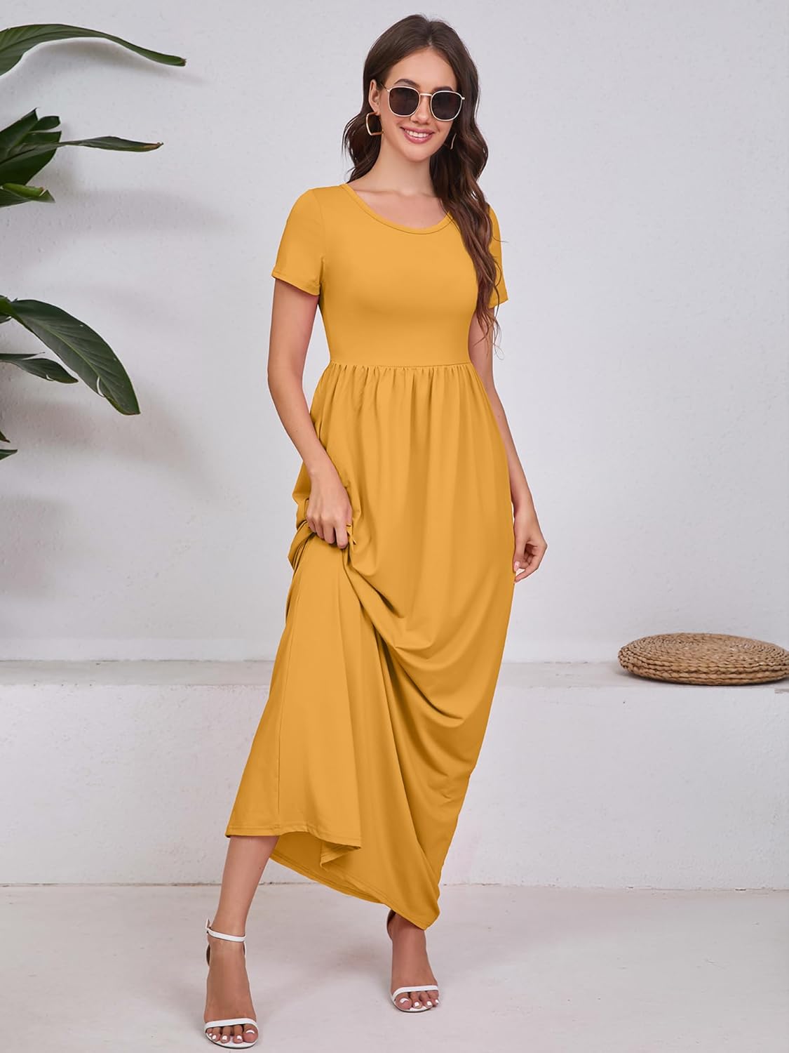DEARCASE Maxi Dress for Women Short Sleeve Casual Summer Loose Plain Comfy Long Dresses with Pockets - Image 4