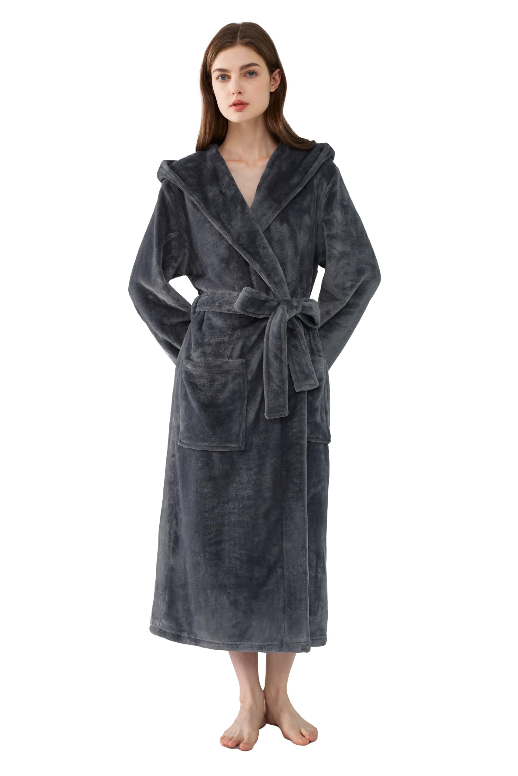 Amorbella Women's Grey-Hooded Super Soft Dressing Gown Fleece Robes Hooded Bathrobe Large Pocket(Grey, Medium)