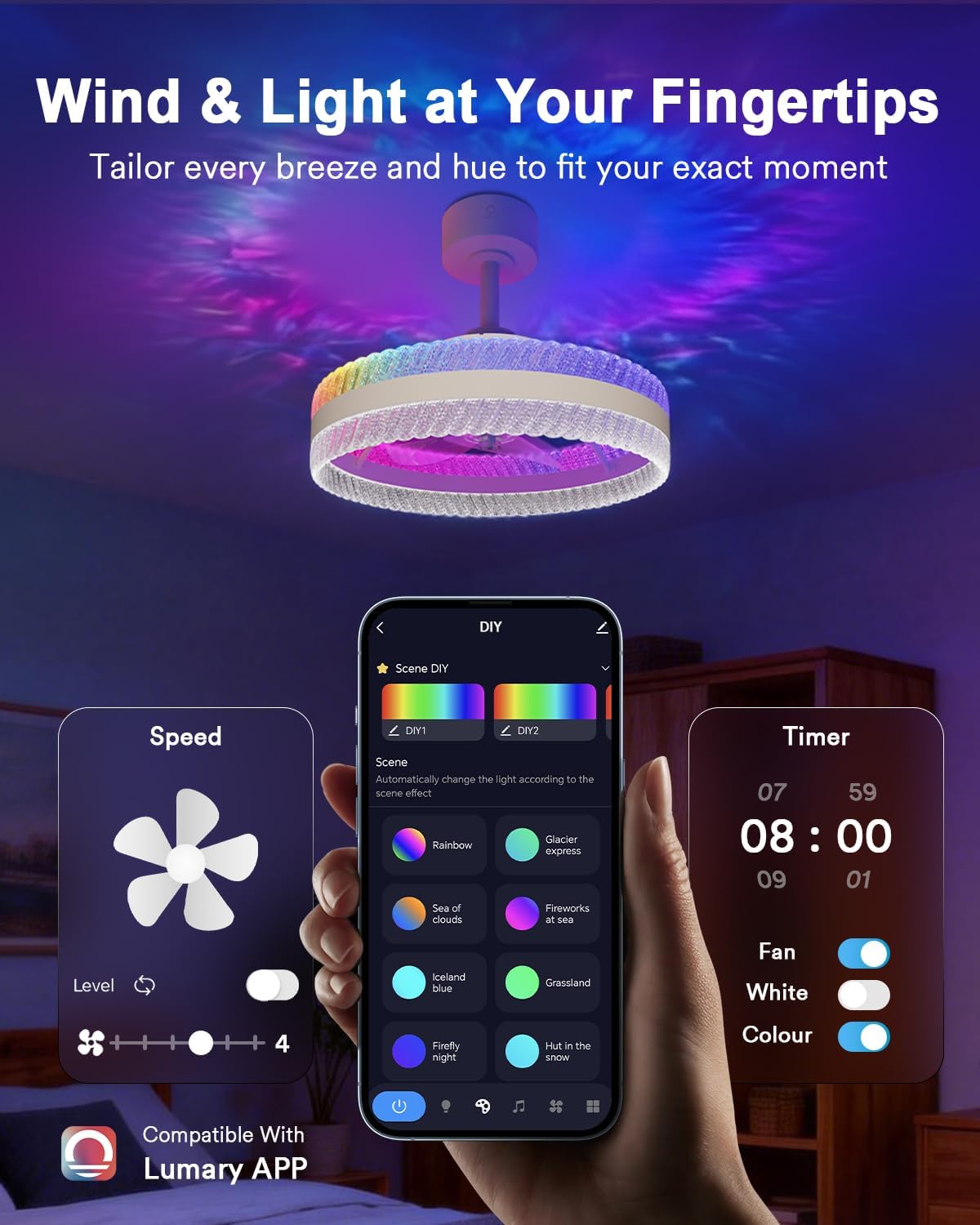 Lumary Smart Ceiling Fans with Lights, RGBAI Rainbow Flow Lighting with Feather Projection, Flush Mount/Downrod for Low Profile or High Ceilings, Modern Bladeless Crystal Fan Light for Bedroom, 20in