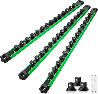 Magnetic Socket Organizer Set, 3PC 3/8-Inch Drive Aluminum Alloy Socket Rail, Heavy Duty Magnetic Socket Holder for Tool Box Drawer, 360° Swivel Socket Rack, 3/8" x 42 Clips, Green