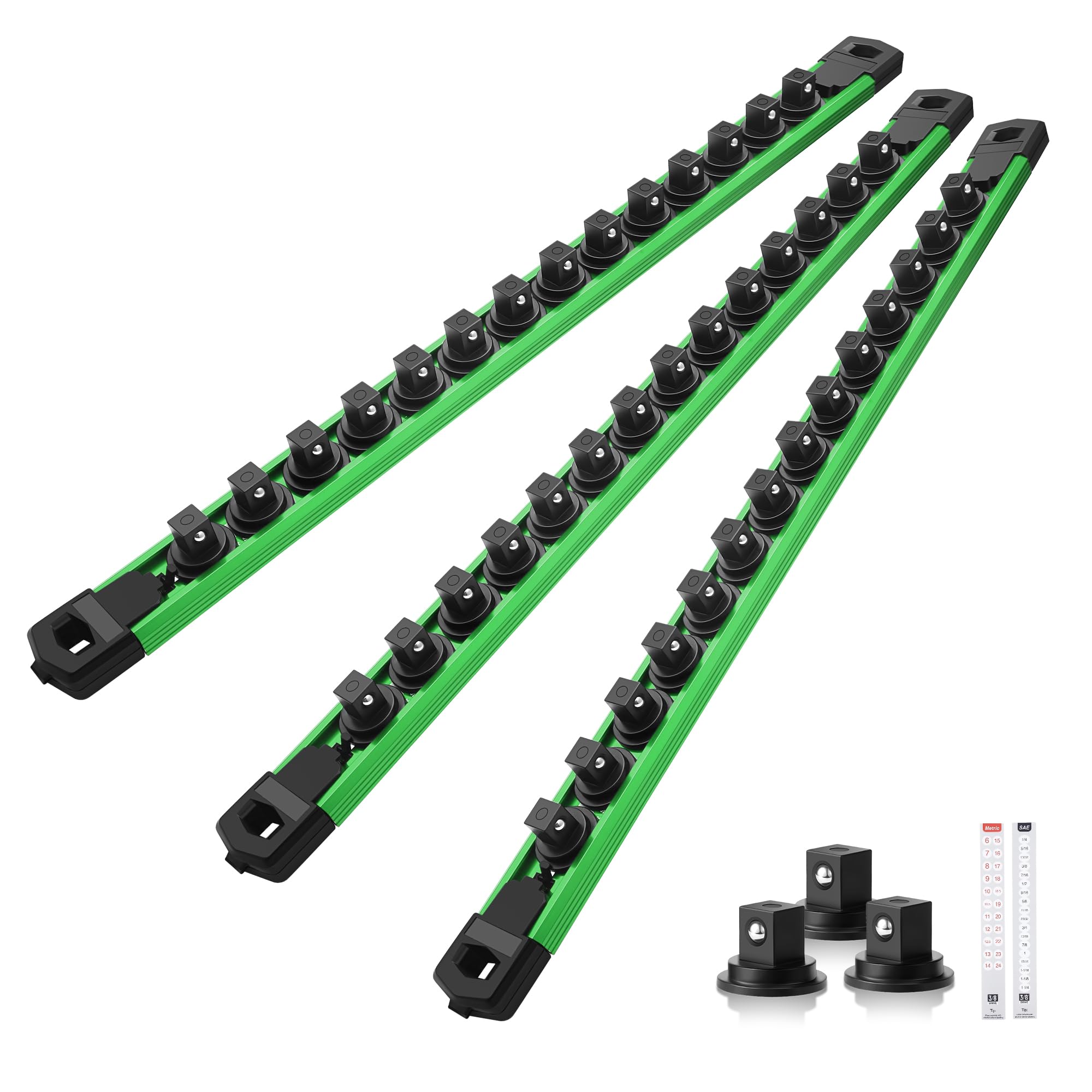 Reniteco Magnetic Socket Organizer Set, 3PC 3/8-Inch Drive Aluminum Alloy Socket Rail, Heavy Duty Magnetic Socket Holder for Tool Box Drawer, 360°