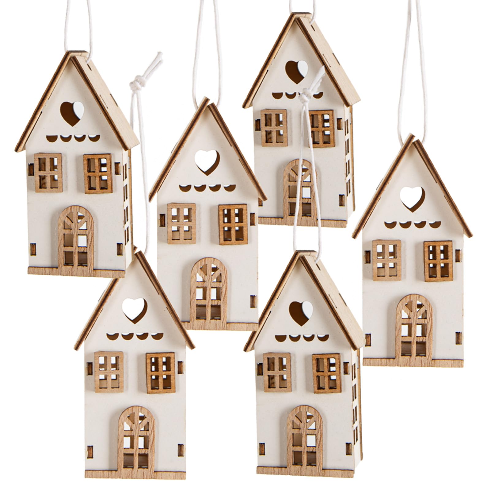 Hygge Scandi - 6 piccoli ciondoli a forma di casetta in legno, decorazione natalizia, 4 x 7 x 3 cm, colore bianco naturale
