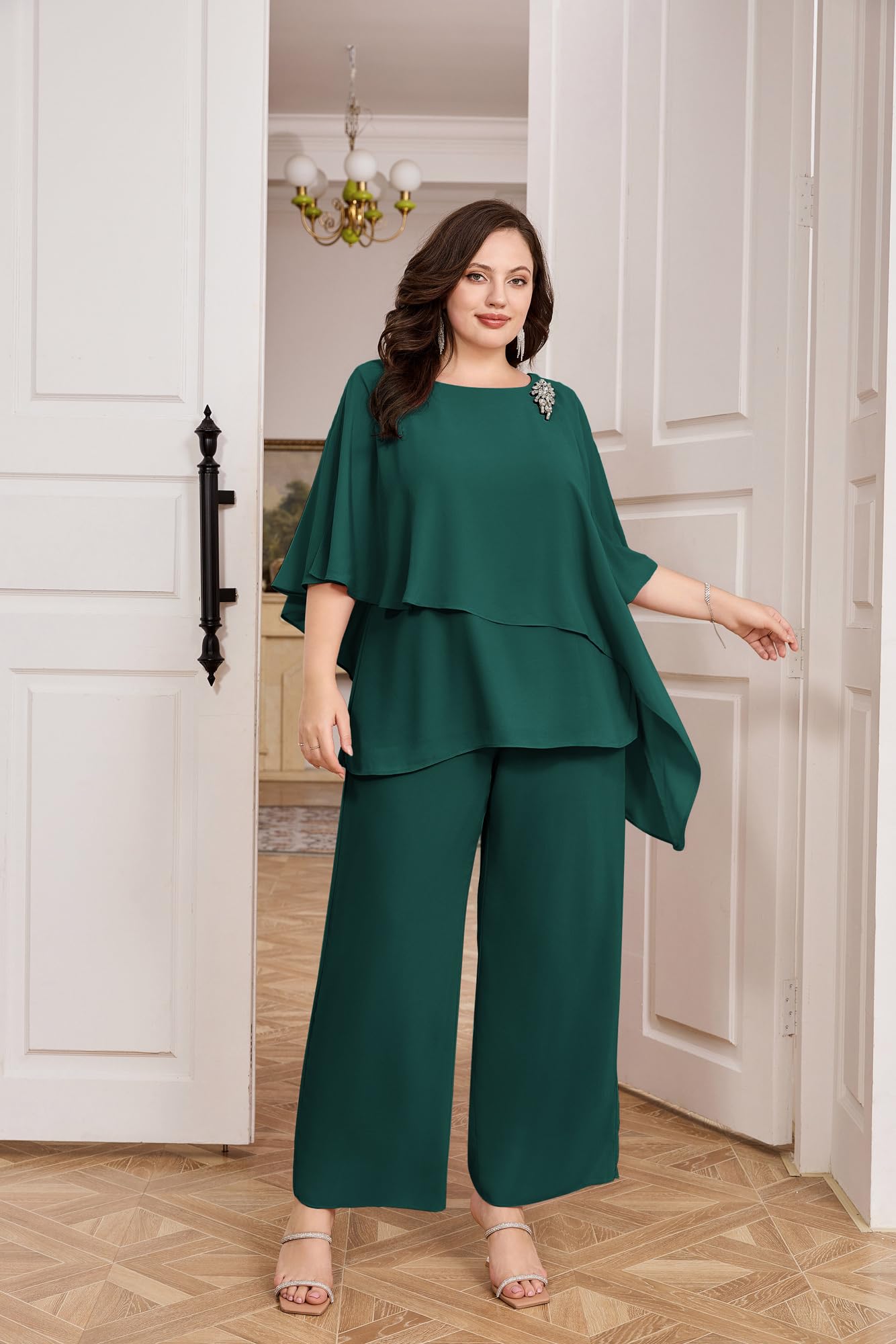 Hanna Nikole Conjunto elegante de traje de noche para mujer, talla grande, conjunto de 2 piezas, traje de cóctel, fiesta, pantalones festivos, camisa de gasa de dos piezas y pantalones de cintura alta