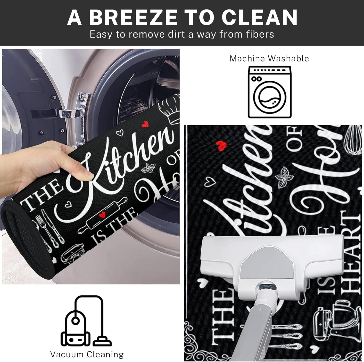 Farmhouse Rustic Vintage Kitchen Rugs and Mats Non Skid Washable Set of 2, Funny Black Floor Mats, Sweet Heart Home Runner Rug, Rustic Kitchen Decor