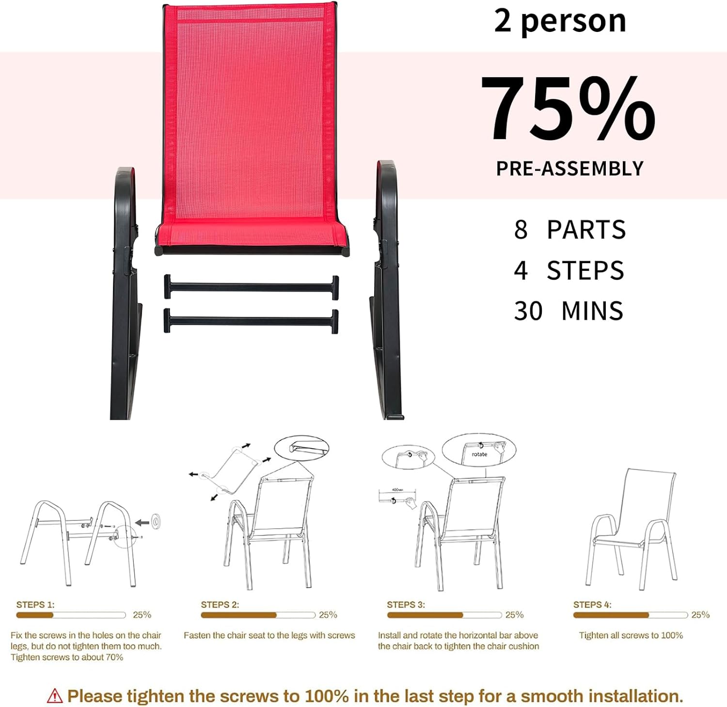 Outdoor Rocking Chairs with Backrest/Armrests-Assembly for Patio Lawn Garden Balcony Deck Camping Porch-Set of 2 (Red)