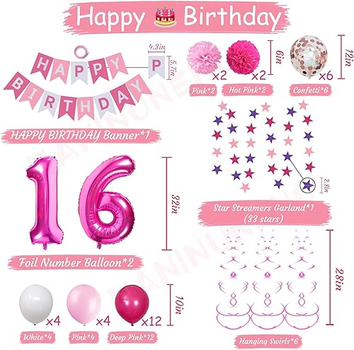 Miniatura 5 de Decoraciones de cumpleaños número 16 para niñas, suministros de globos rosados de feliz cumpleaños que incluyen 16 globos de números rosas,