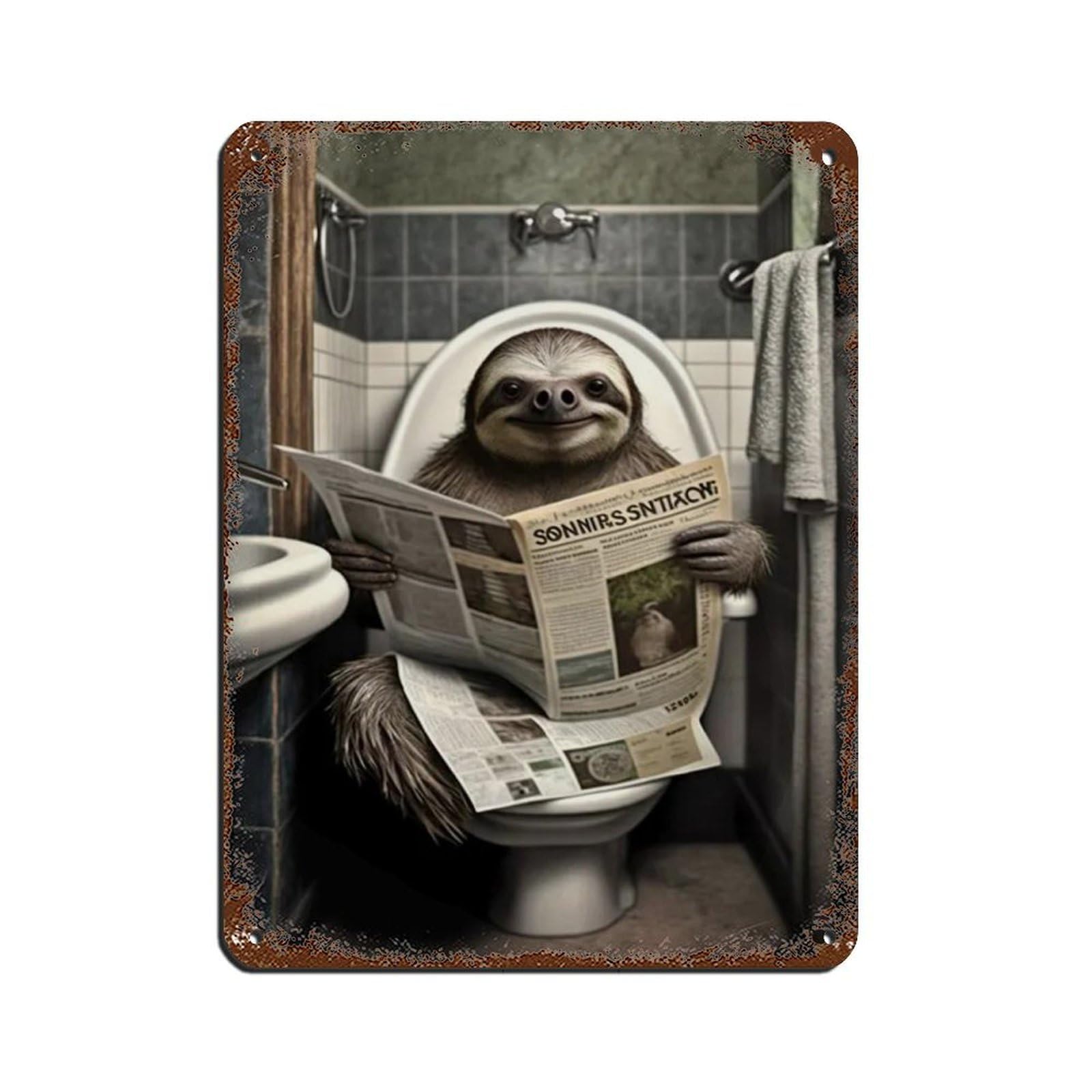 Sloth Sitting on The Toilet Reading A Newspaper Tin Sign Vintage Metal Pub Club Cafe Bar Home Wall Art Decoration Poster Retro 12x16inch(30x40cm)