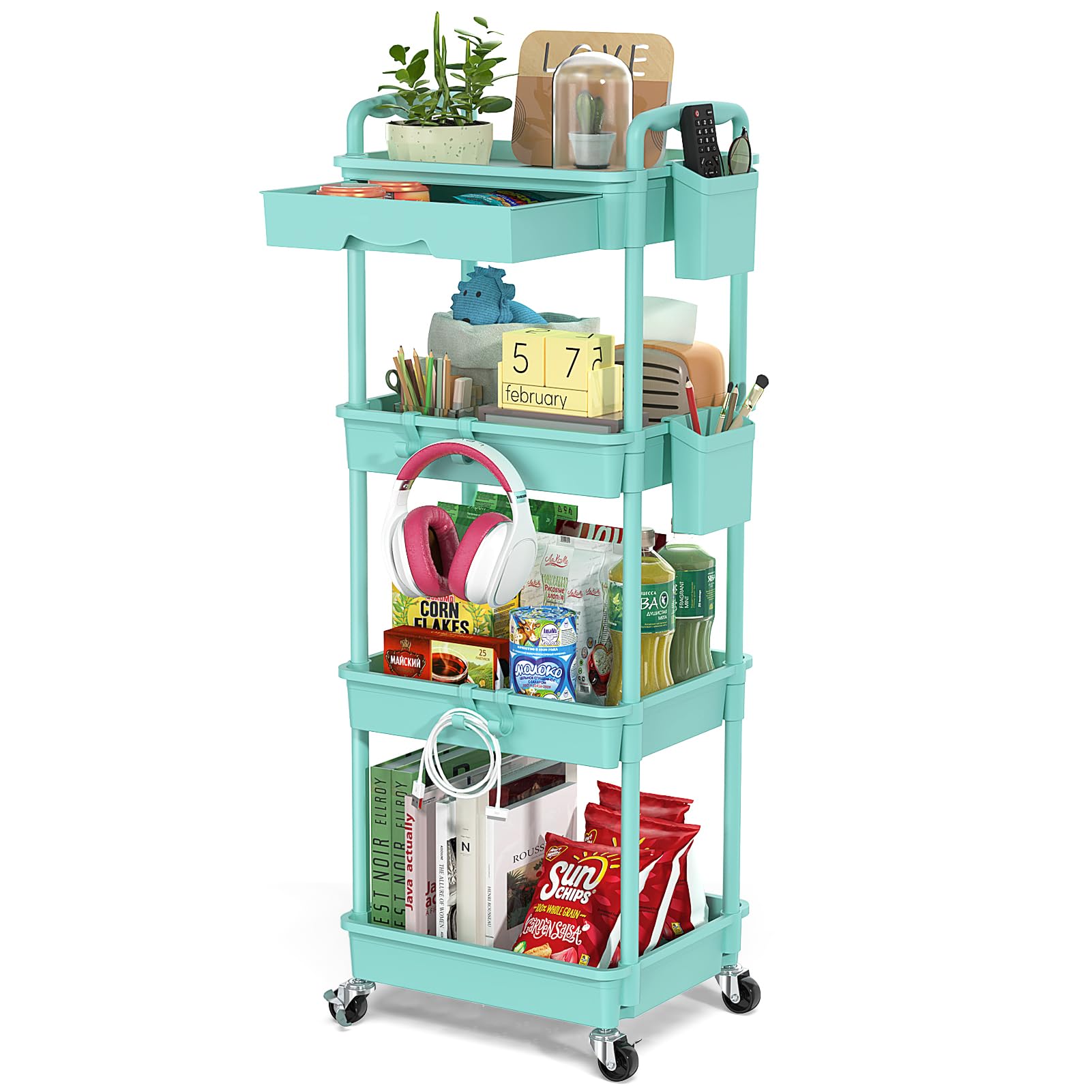 4 Tier Rolling Utility Cart with Drawer, Storage Organizer Cart with 2 Lockable Wheels, Multifunctional Rolling Storage Cart for Bathroom, Kitchen, Craft, Makeup, Baby Essentials, Blue