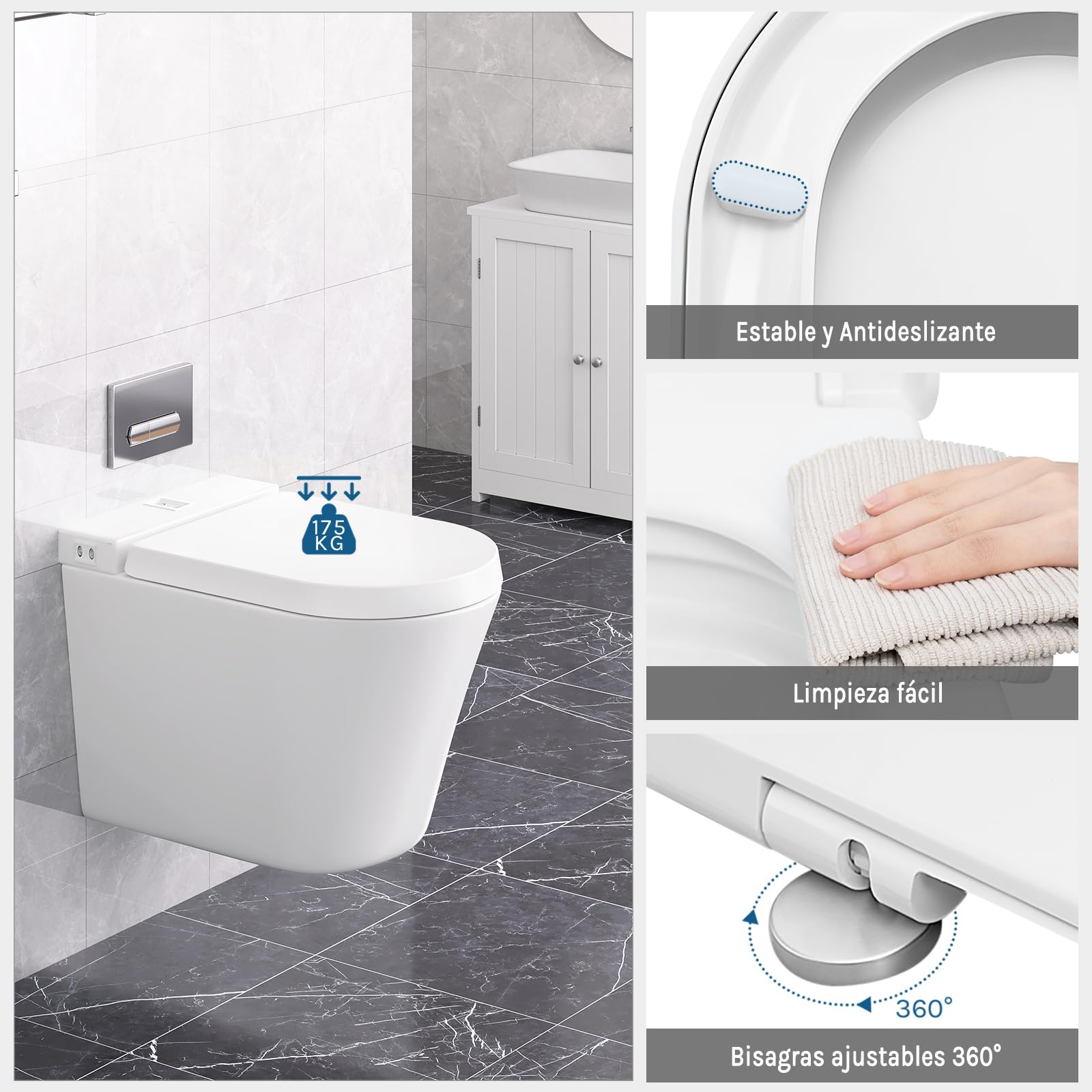 WOLTU Tapa de WC Asiento Inodoro Bisagra de Cierre Suave Instalar Rápida/Demontar Rápida, Plastico Blanco Forma de D