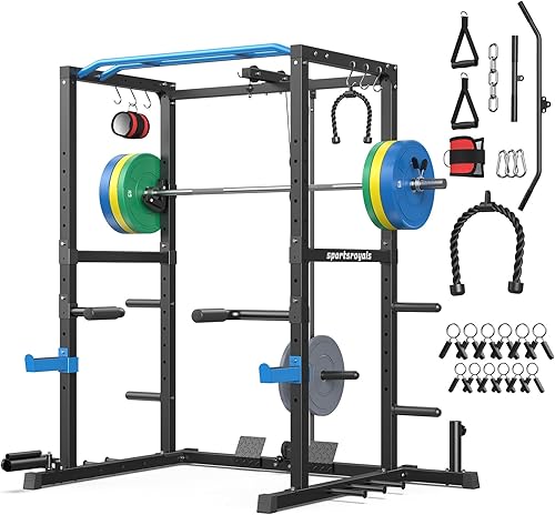 Miniatura 17 de Sportsroyals Jaula de Potencia, Rack de Potencia Multifuncional de 1600 libras con Sistema de Cruce de Cable Ajustable y Más Accesorios de Negro
