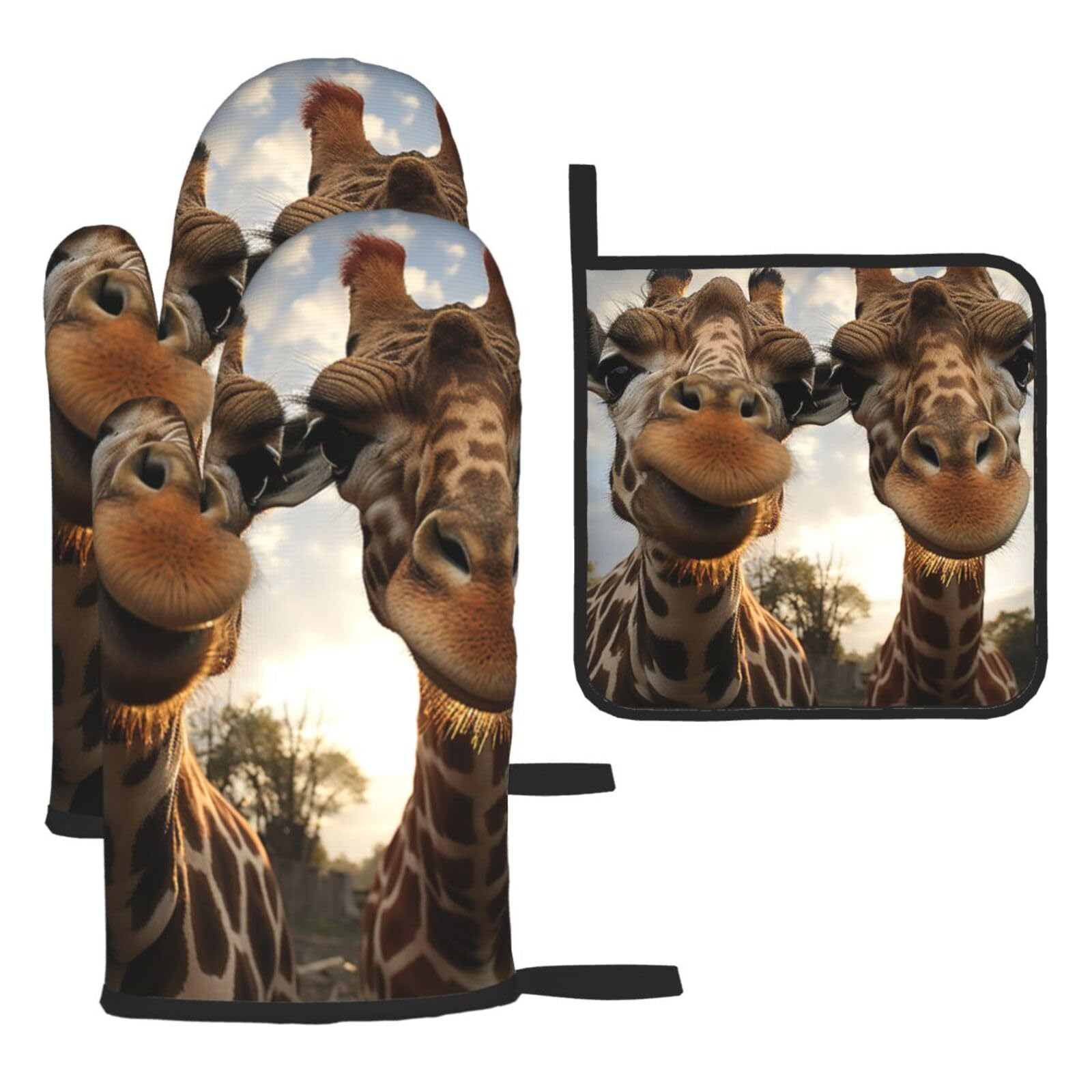 Oven Mitts and Pot Holders Sets of 3 Two Giraffes Making Faces Oven Mitts 3 Pcs Heat Resistant Non Slip Ovens Gloves Hot Pads Kitchen Gloves Potholders for Baking Cooking BBQ Grilling