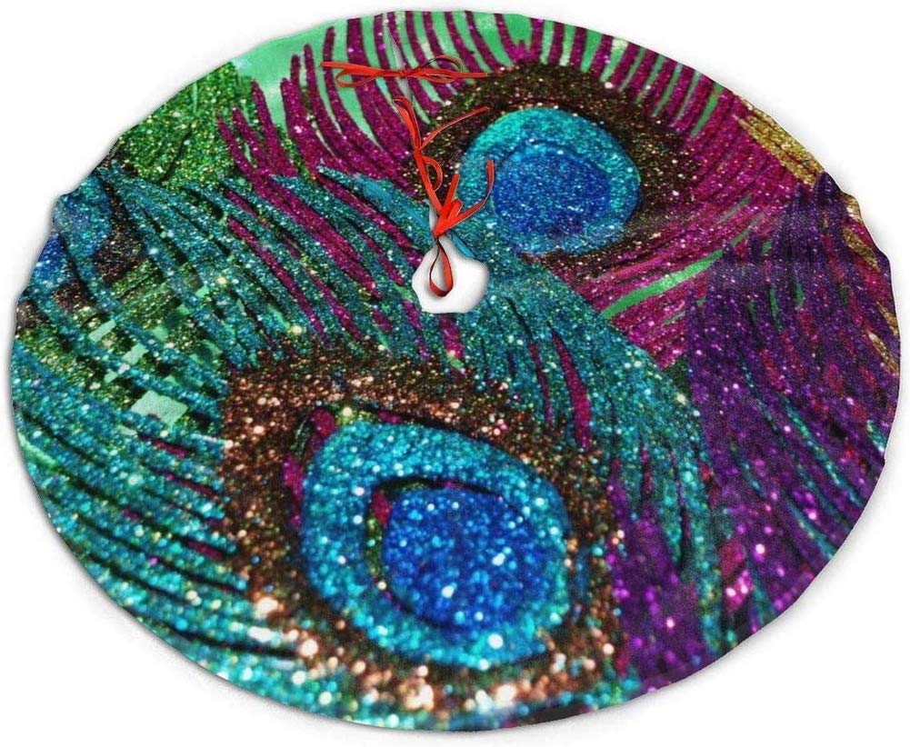 nuoyanColorful Sparkles Peacock Feather Christmas Tree Skirt Snowflakes Tree Skirt Circle Gorgeous Xmas Tree Mat Holiday Party Decorations 30IN