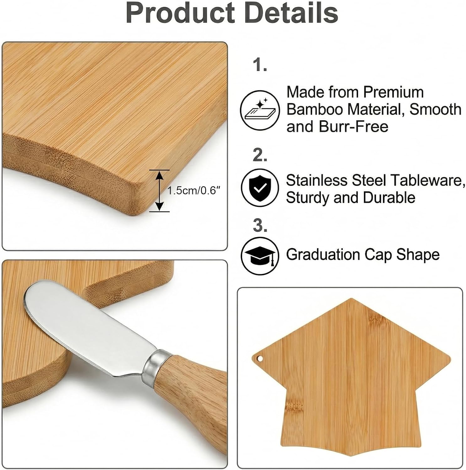 16Pcs 2026 Graduation Cap Boards Set Bamboo Cutting Boards with Cheese Knives Gifts for Him Her College Graduation Party Supplies