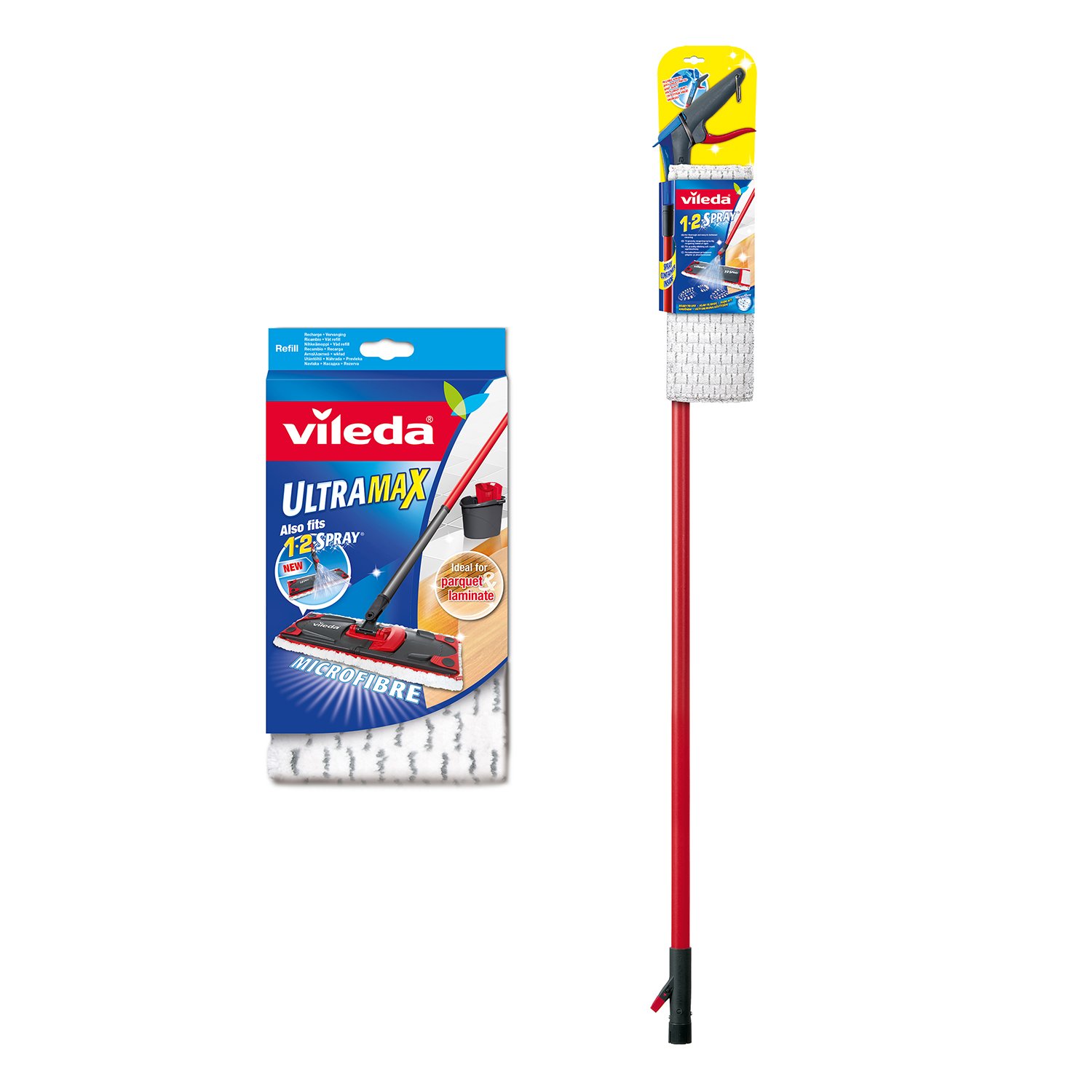 Vileda 1-2 Spray Mop, Microfibre Flat Floor Spray Mop with Extra Head Replacement, Set of 1x Mop and 1x Refill