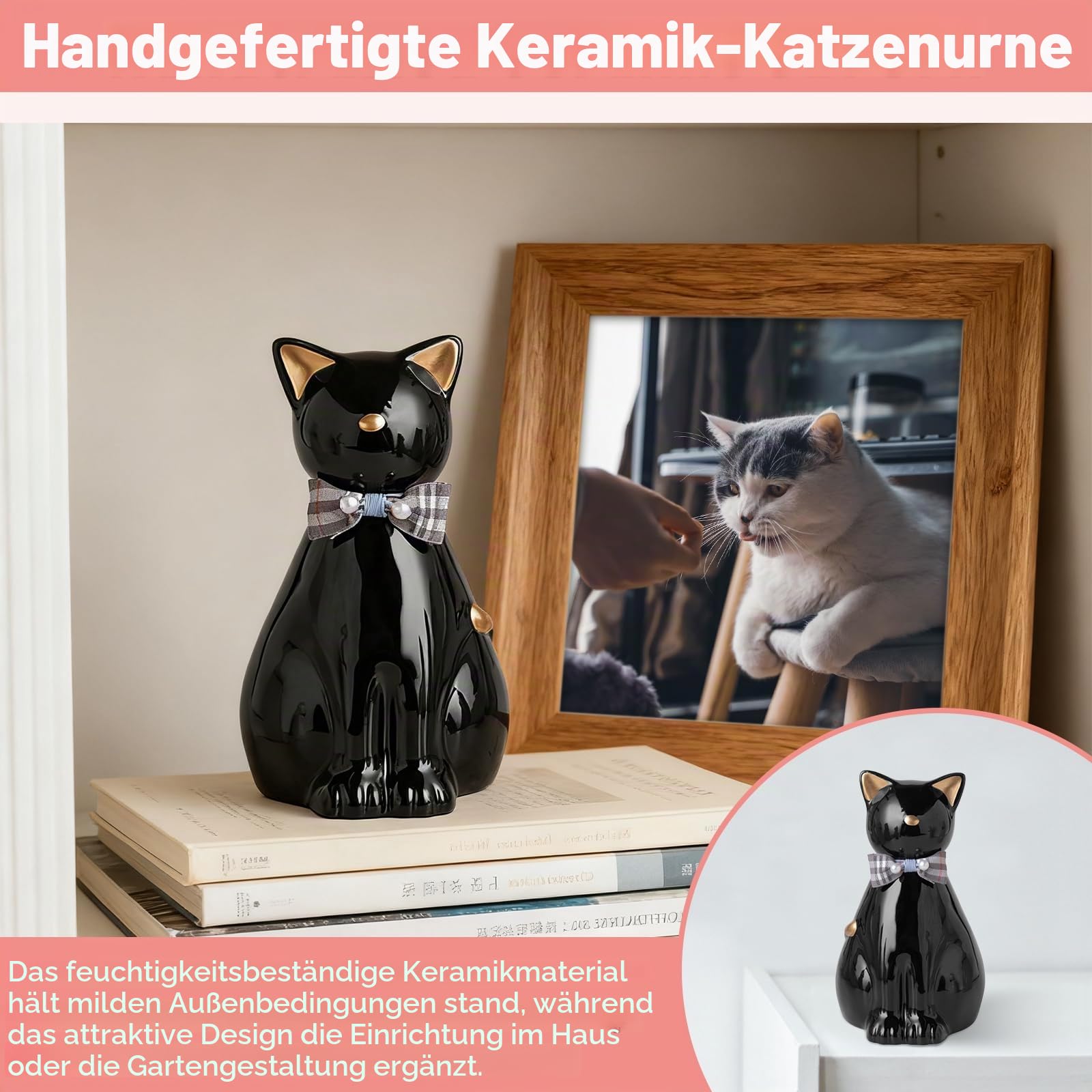 Handgefertigte Keramik-Katzen-Urne für Asche, Katzenstatue, Beerdigung, Gedenkgeschenk, Haustierurne für den Innen- und Außenbereich (Schwarz, Einheitsgröße)