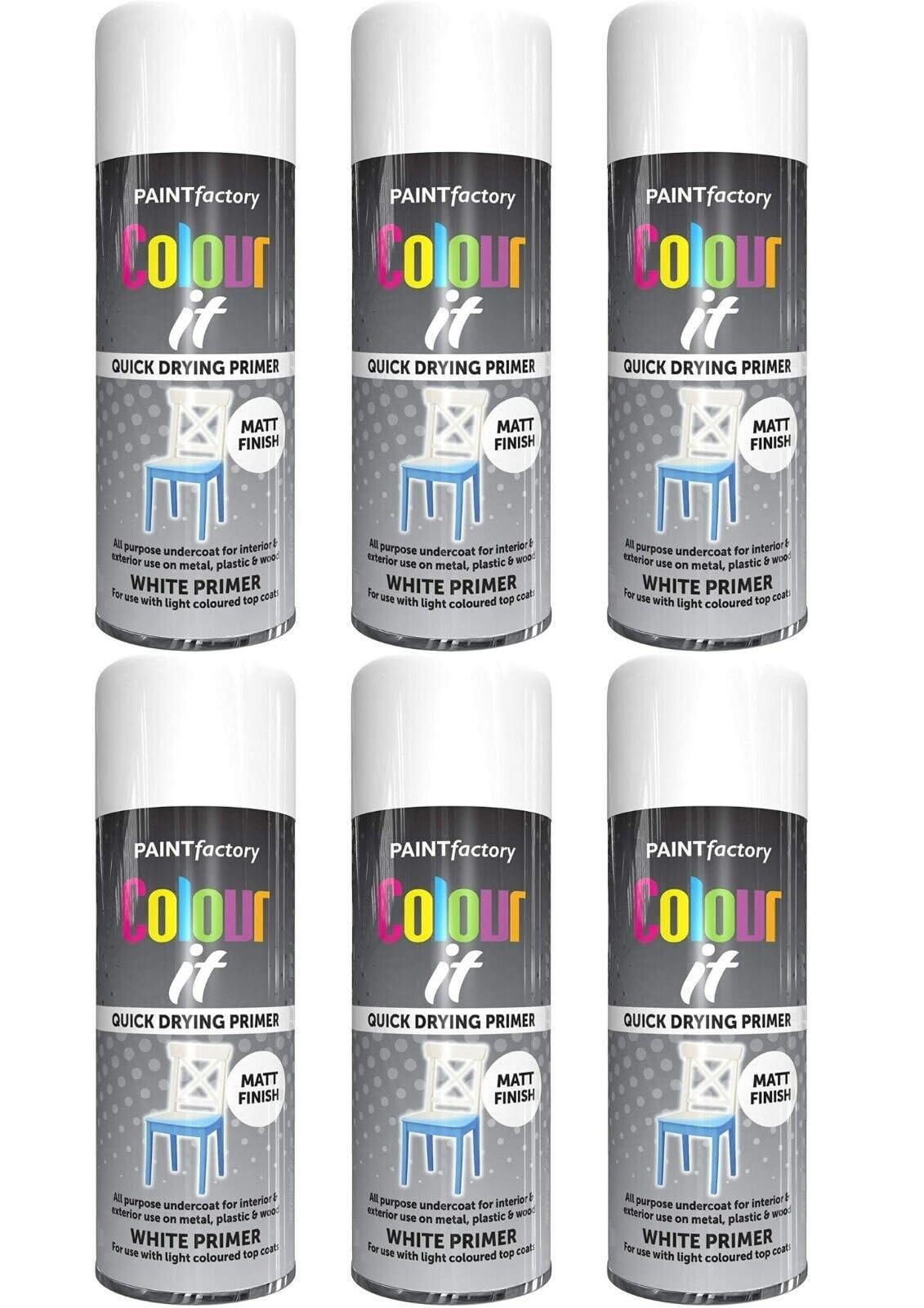 Paint Factory Colour it White Primer Spray, Quick Drying, Matt Finish, All Purpose Undercoat, 400ml, Pack of 6