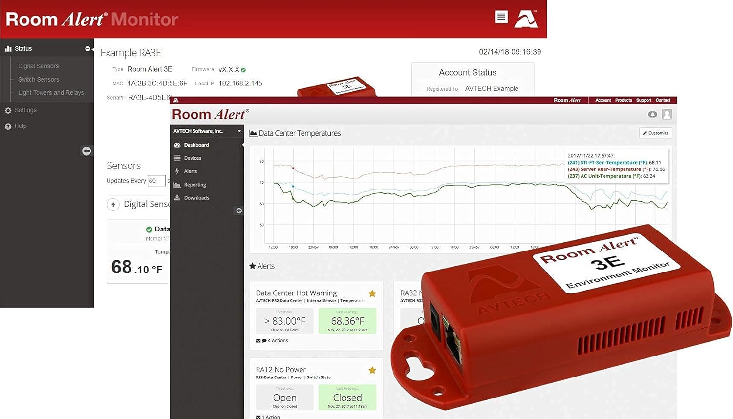 Room Alert 3E Temperature & Environment Monitor – 24/7 Online & Software alerting and Reporting to Prevent Downtime, Made in The USA