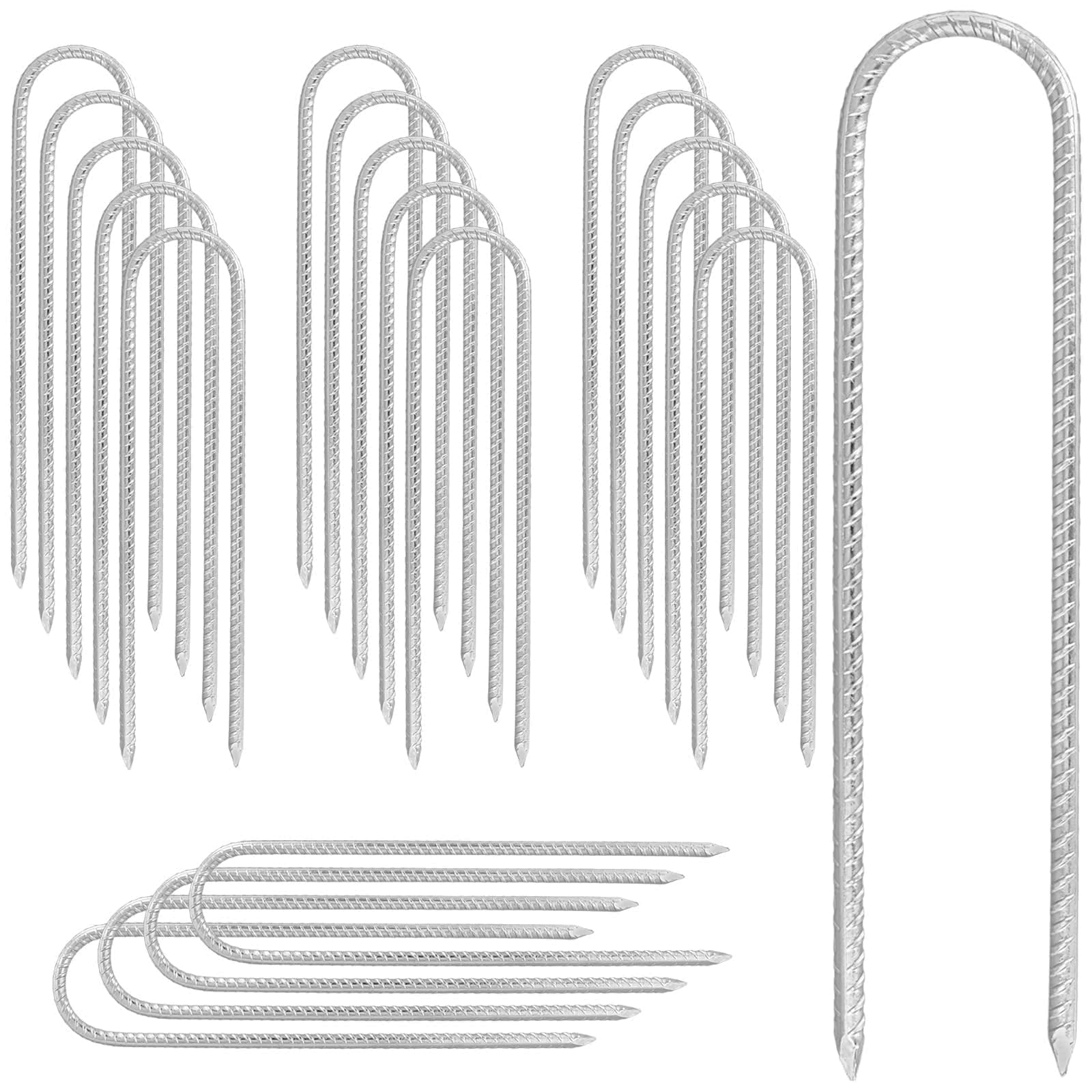 20 Stück 30,5 cm silberfarbene Boden-Bewehrungsstäbe, verzinkter Stahl, U-Heringe, robuste Campingheringe für Garten, Camping, Zelte, Trampolin, Schaukel-Sets