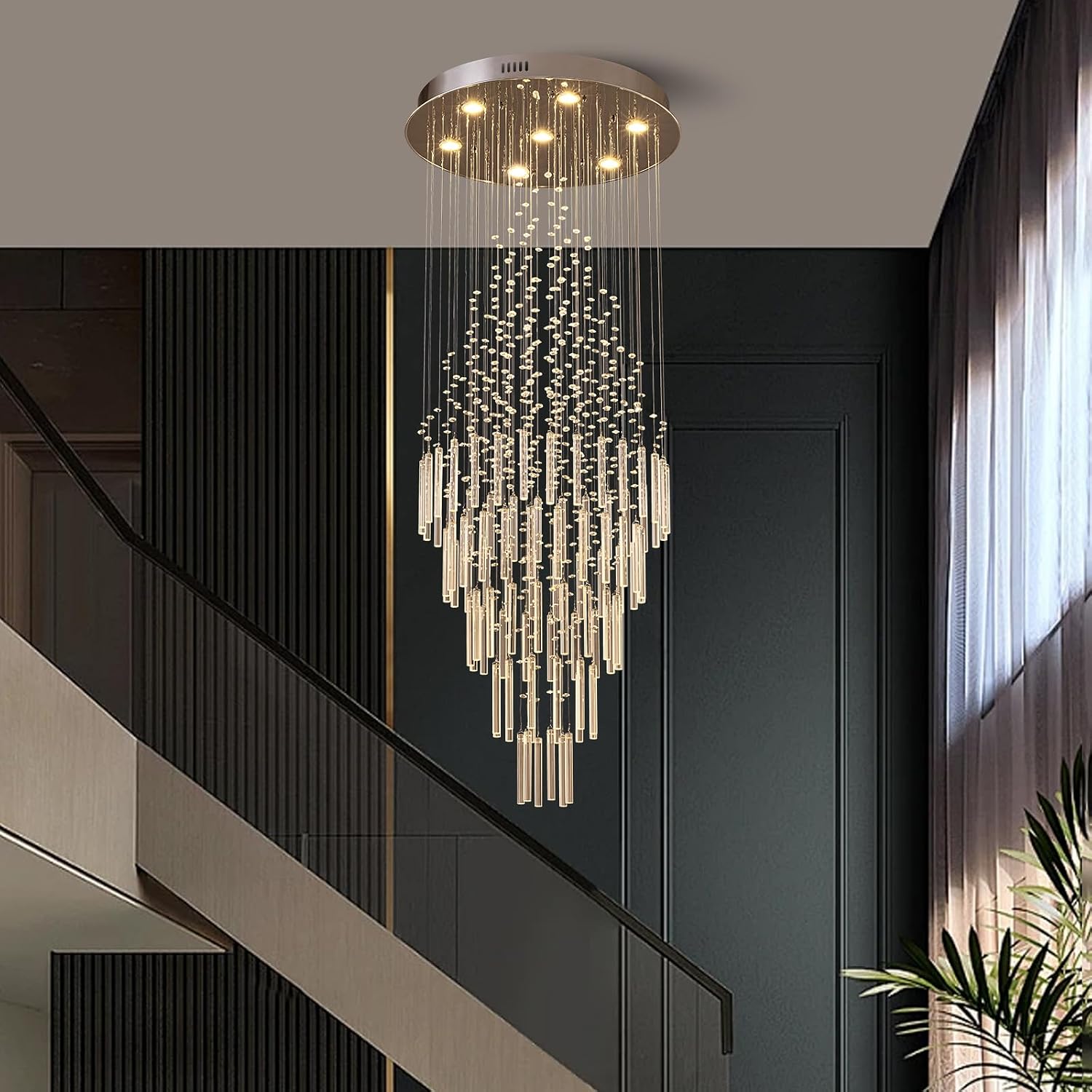 Modern Crystal Staircase Chandelier, Foyer Chandeliers for High Ceilings Entryway Hallway Entrance Living Room, Foyer Lighting Fixtures, D23.6 x H59