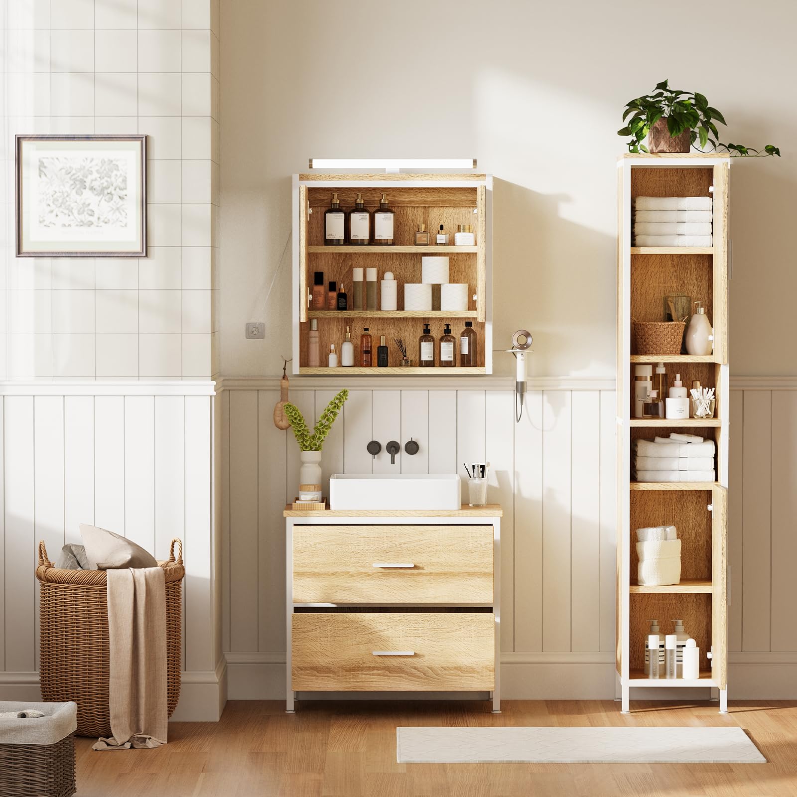 ELUCHANG Badmöbel Set 3,Waschbeckenunterschrank und Spiegelschrank Bad mit Beleuchtung und Hochschrank,Badezimmer Set 60cm,mit Schubladen,Verstellbare Ablage Badezimmermöbel Komplett,Oak+Weiß
