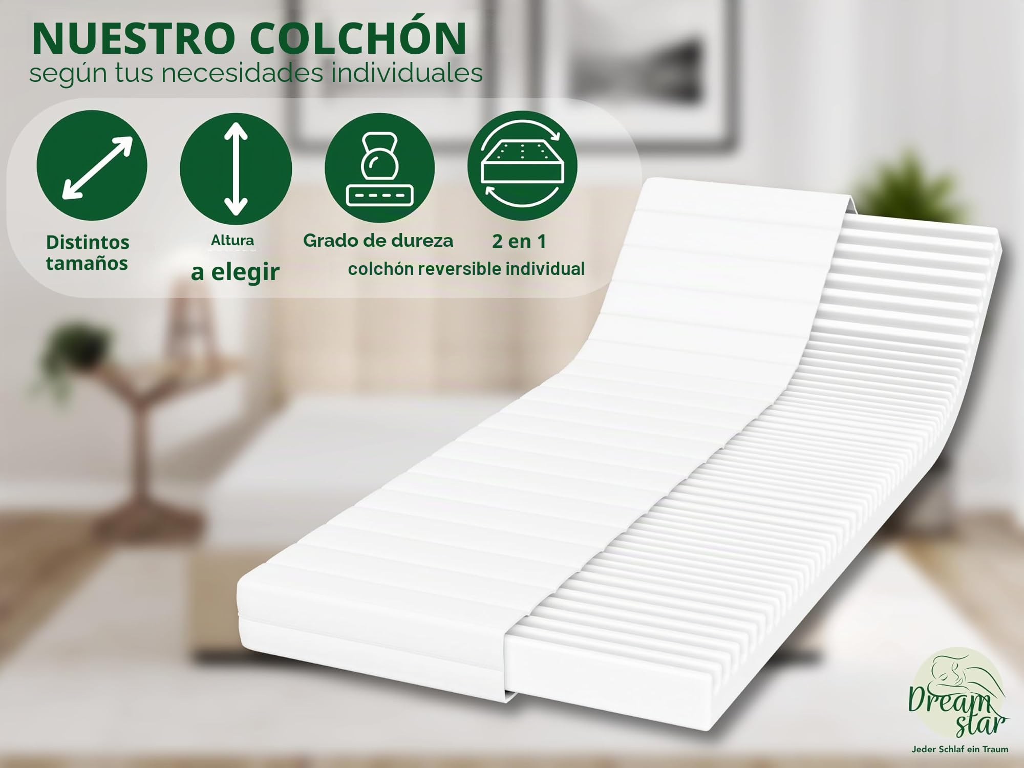 DREAMSTAR Simple Flex Duo - Colchón de 7 zonas, ergonómico, espuma fría, certificado Öko-TEX, H2 y H3, hipoalergénico y antibacteriano, 12 cm