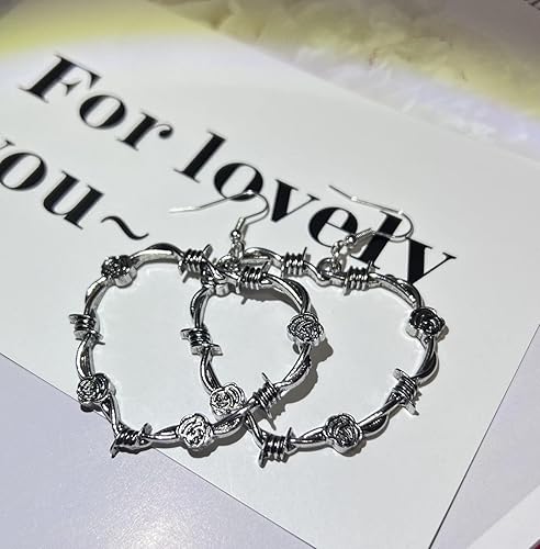 Miniatura 5 de Aretes de aro góticos de alambre de púas para mujer, aretes góticos de corazón negro, aretes punk grandes y gruesos, aretes colgantes grandes, Zinc