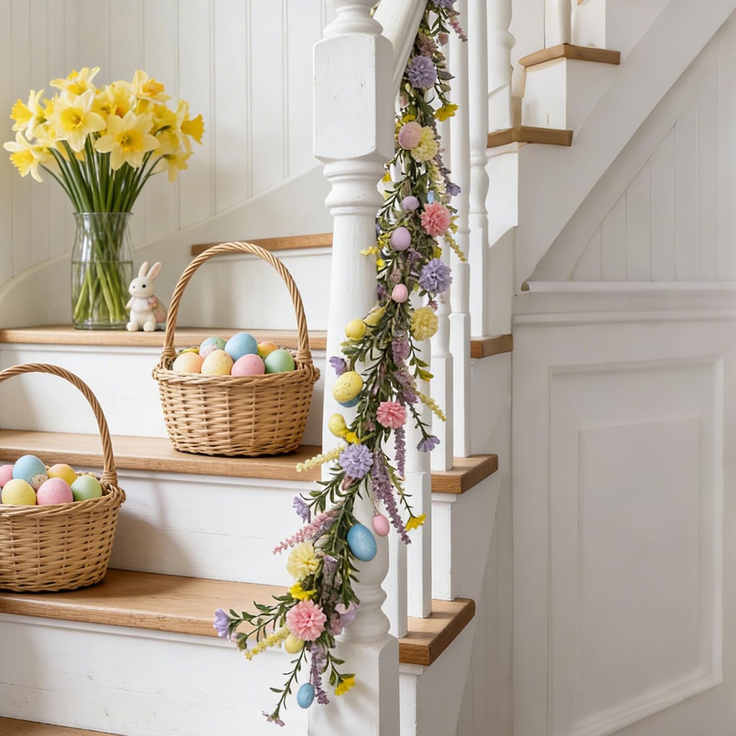 Easter Garland Decorations 6FT Artificial Easter Egg Garland with Colorful Egg Yellow Daisy Purple Lavender for Front Door Mantel Porch Windows Party & Home Décor Holiday Decoration