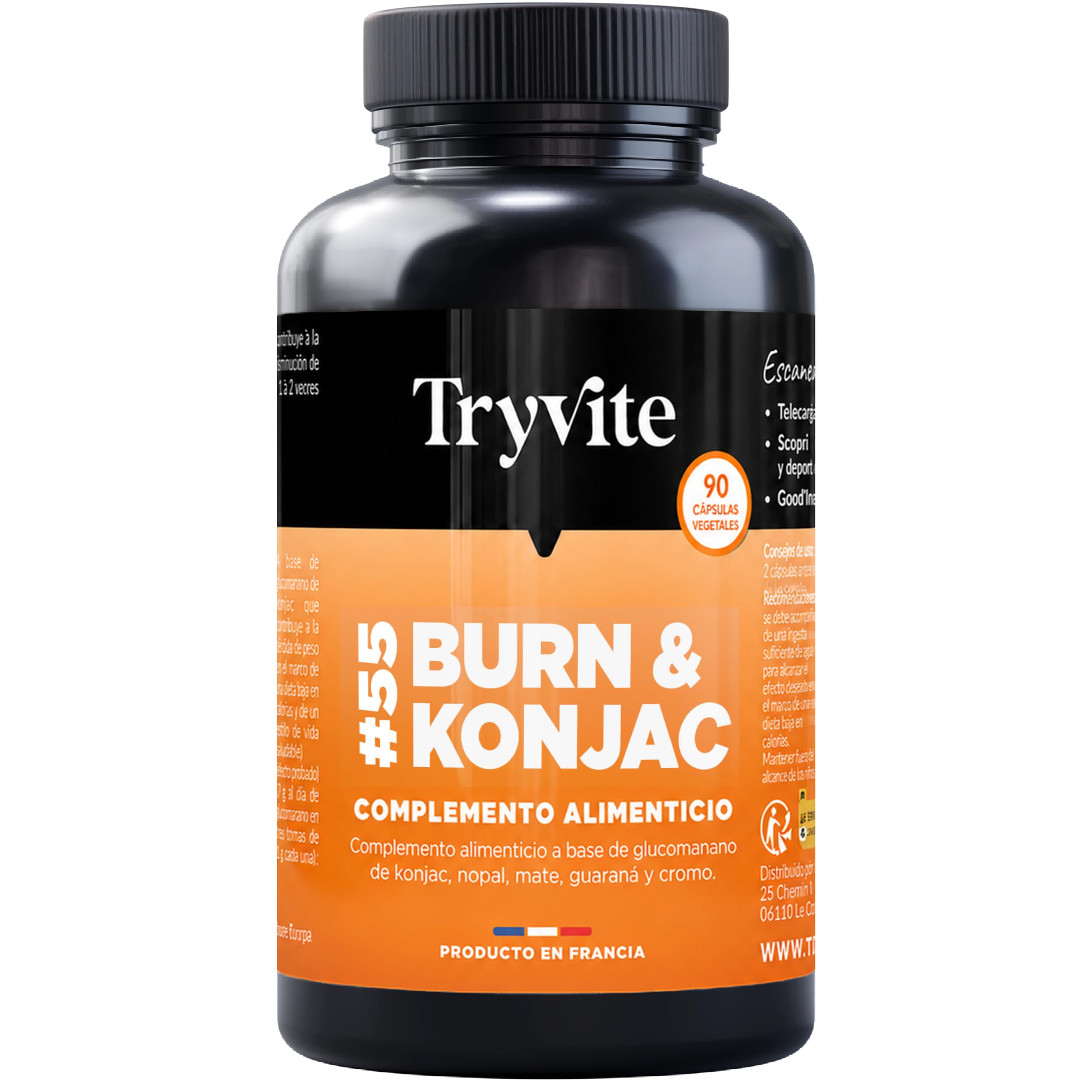 TRYVITE Konjac Active – Fórmula Silueta con Konjac, Nopal, Mate, Guaraná y Cromo – Gestión de Porciones y Antojos – 90 Cápsulas Vegetales - FABRICADO EN FRANCIA