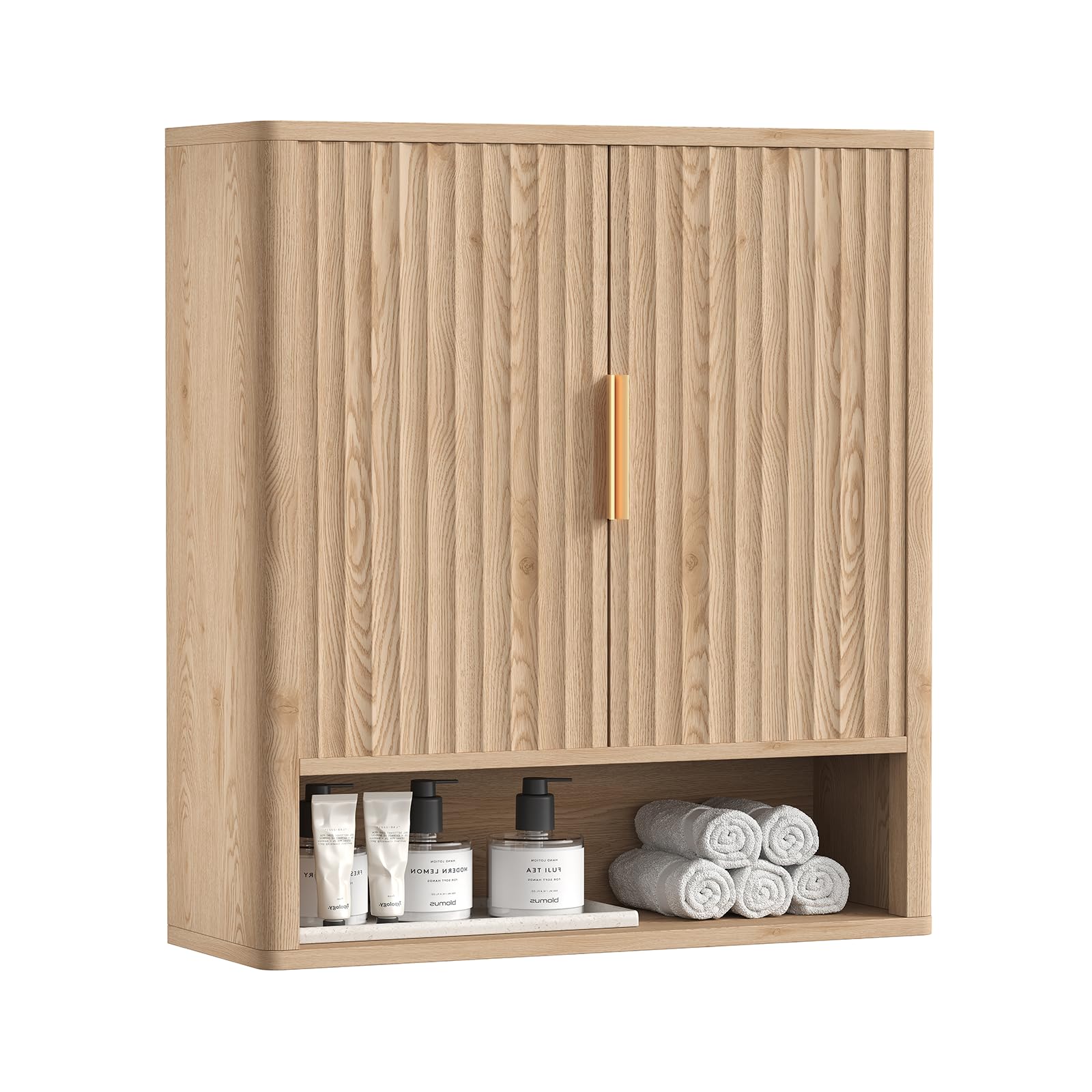 Photo 1 of ***MINOR DAMAGE*** Rovaurx Fluted Medicine Cabinet with 2 Doors, Bathroom Wall Cabinet, Curved Profile Wall Mounted Cupboard with Adjustable Shelf, for Bathroom, Kitchen, Laundry Room, Natural