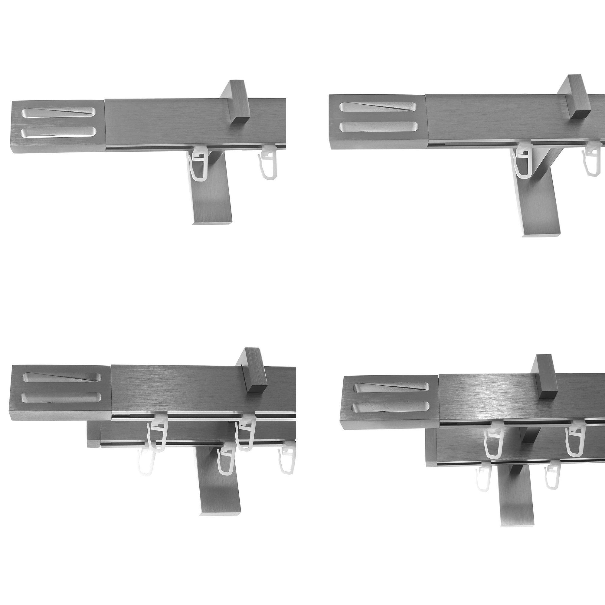 BASIT Gardinenstange Innenlauf eckig Edelstahllook 2-läufig Wand 600cm H96 | Gardinenstangenset doppelläufig Wandmontage Metall Wandhalterung kantige Vorhangstange 120-600cm wählbar Kappe E91