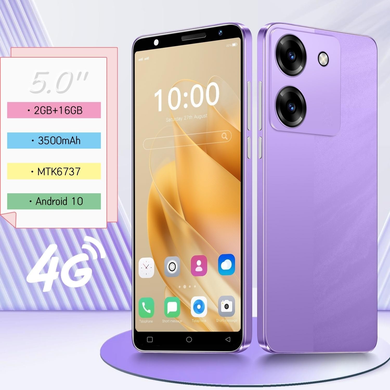 Smartphone MTGud-23 5.0" Android 9.0 - Téléphone Portable Double SIM, 16Go ROM Extensible, Double Caméra, Idéal Seniors Et Enfants (Violet)
