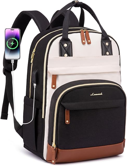 LOVEVOOK Sac à dos pour les femmes, Sacs à dos de voyage Sacs de travail, Sac à sac à dos, Sac d'ordinateur d'affaires avec USB, Imperméable, Convient 15.6 Sac d'ordinateur portable de pouce, beige-noir-brun