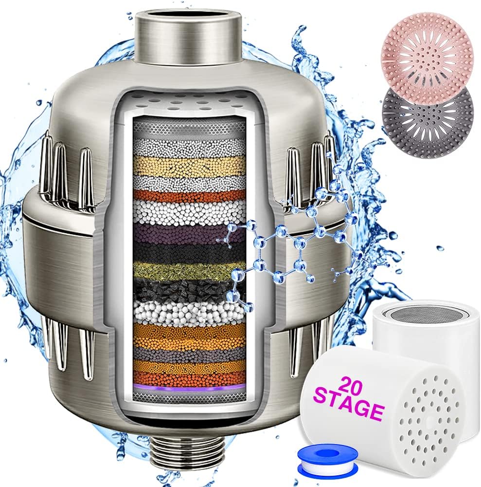 Shower Filter, 20 Stage Shower Head Filter for Hard Water High Output Shower Water Filter Shower Water Softener with 2 Replaceable Filter Cartridges Reduce Chlorine, Dry Skin -Brushed Nickel