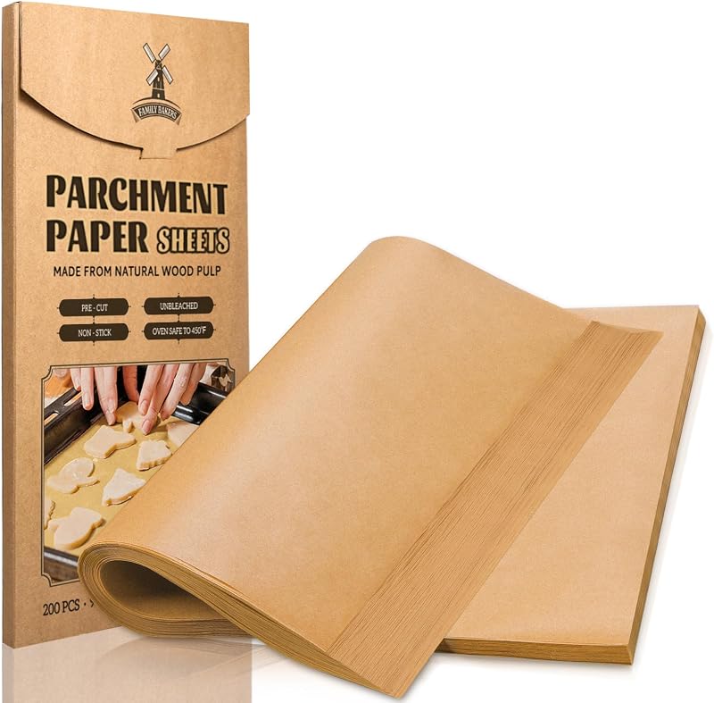 Hiware 200 hojas de papel pergamino para hornear, 9 x 13 pulgadas, papel pergamino antiadherente precortado para hornear, cocinar, asar, freír y cocinar al vapor, sin blanquear, apto para sartenes de un cuarto de hoja