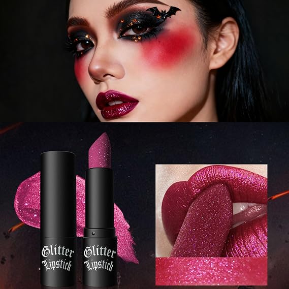 Rose Pink Glitter Lipstick, Highly Pigmented Shimmering Diamond Sparkly Red Lip Stick, Smooth Non-Sticky Longlasting Full-Coverage Lip Colour, Lip Makeup Gift for Women