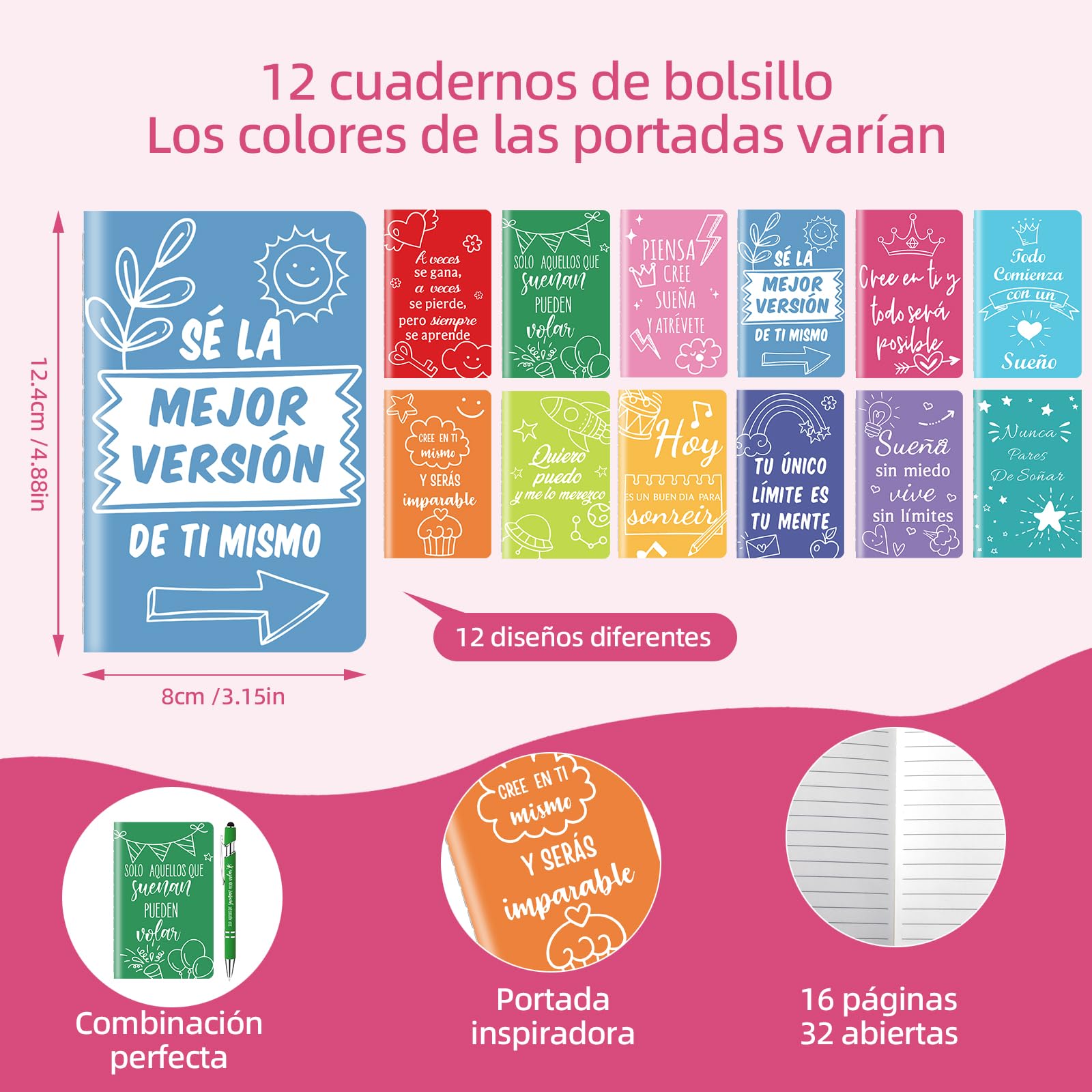 12 libretas en formato mini y 12 bolígrafos con frases motivadoras en español: el regalo ideal para estudiantes, profesores, colegios y oficinas.