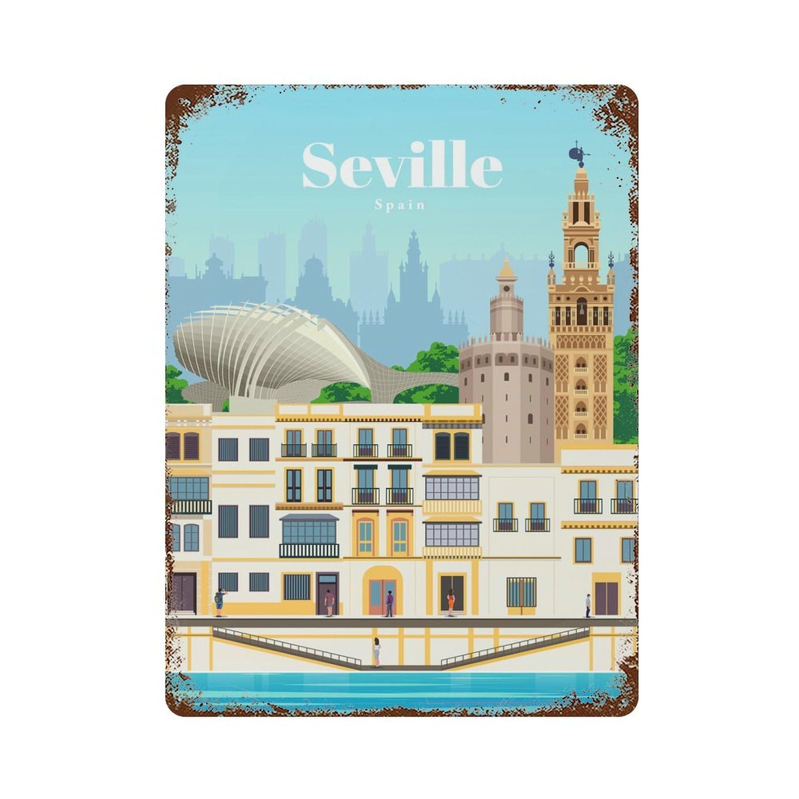 Vintage Metal Tin Sign with Travel to Seville Design 15.7"x11.8", for Garage, Bar And Workshop Decor, Novelty Wall Decor