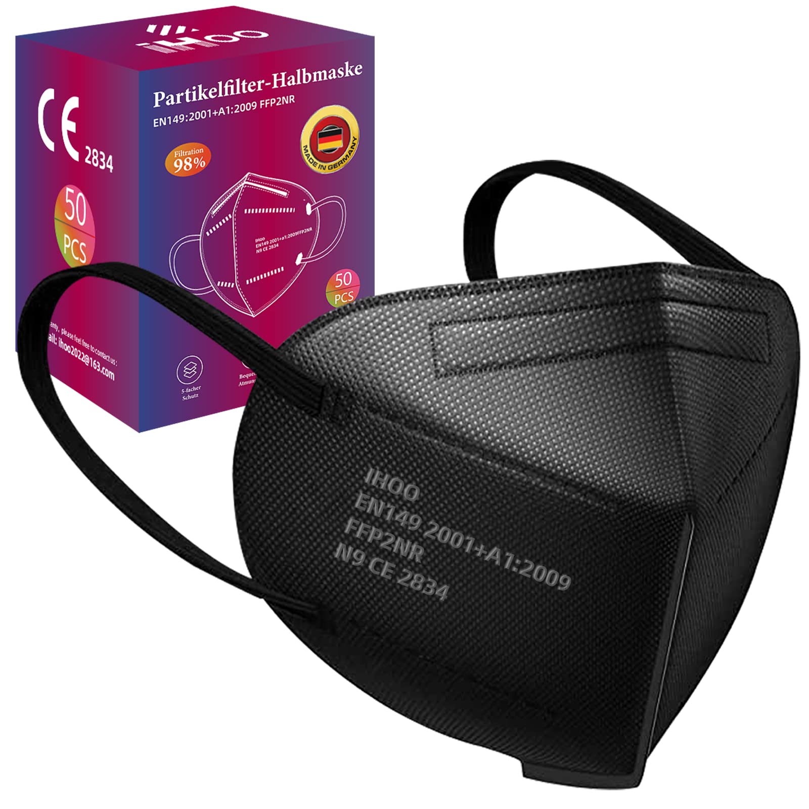 50 stück FFP2 maske zertifiziert aus deutschland FFP2 Masken Schwarz, mundschutz masken FFP2 5 Schutzschichten Schutz, Europapa FFP2 Maske deutsch Filter 98% Einzeln Verpackt für Männer Frauen CE 2834