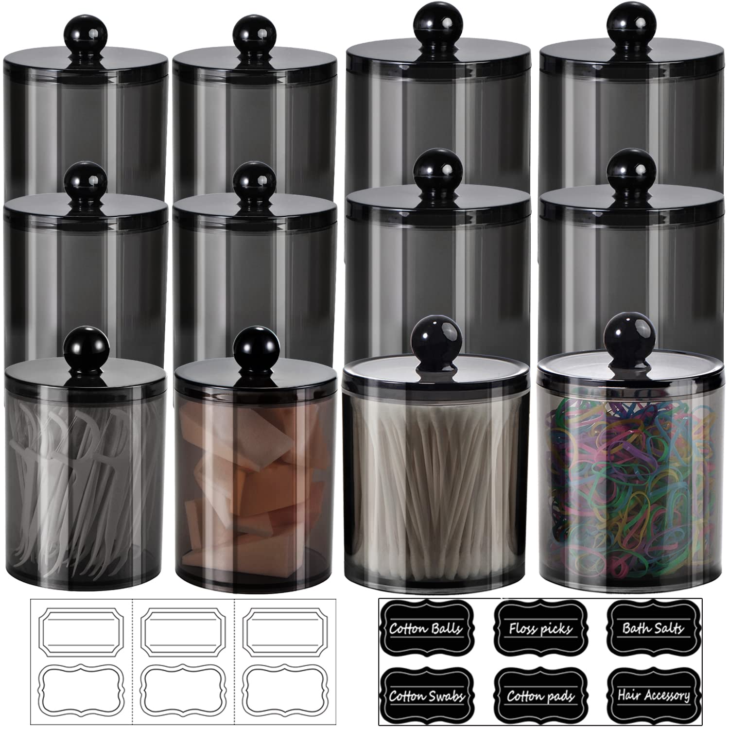 Black Acrylic Qtip Holder - 6 Pack with Lids -9
