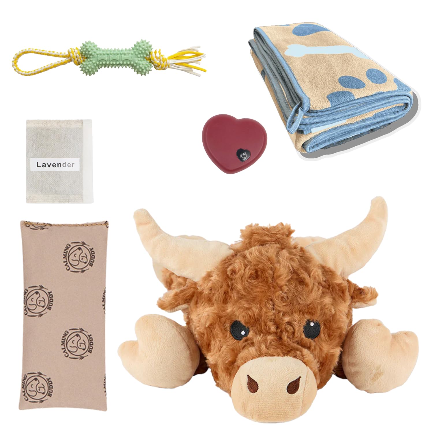 Kuh Kit mit Herzschlag Spielzeug für Welpen, Wärmekissen, Lavendelduft, Beißspielzeug & Decke - Angstabbau Plüsch Hundespielzeug, Welpen Einschlafhilfe & Kiste Training Kit