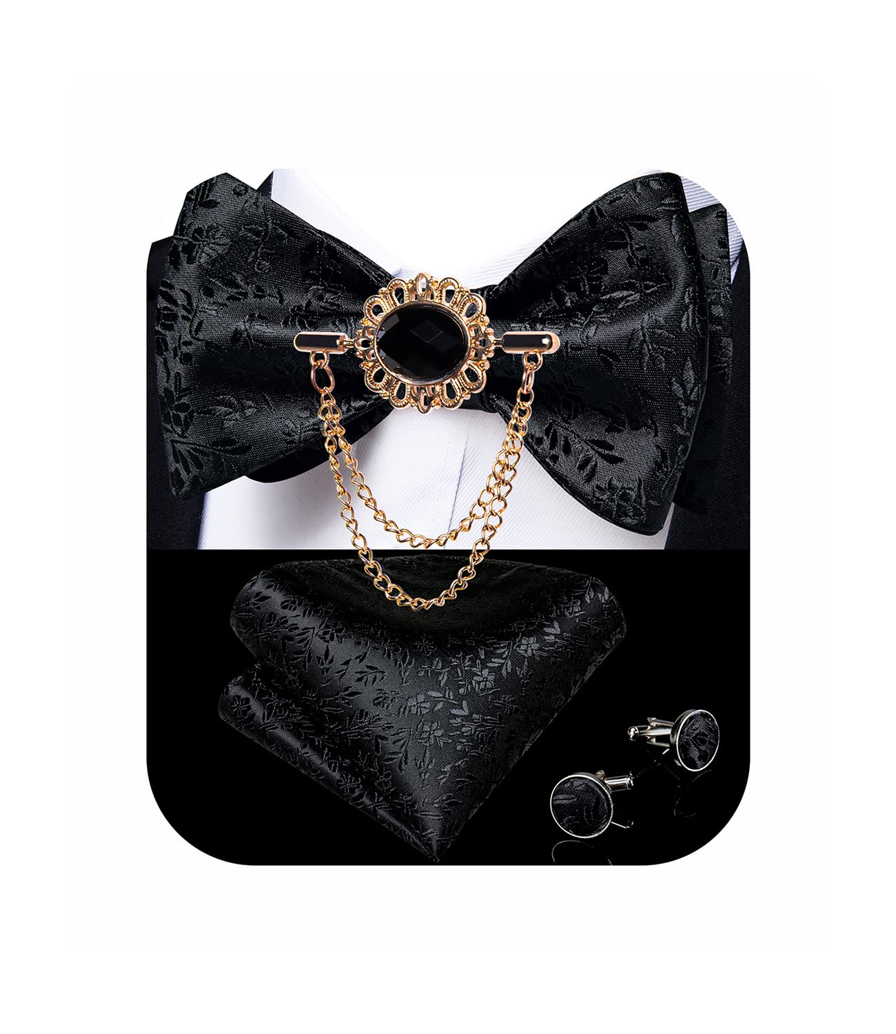 DiBanGuDiBanGu Paisley Floral Bow Tie Set with Lapel Pin Formal Wove Self Bow Tie Pocket Square Cufflinks Set