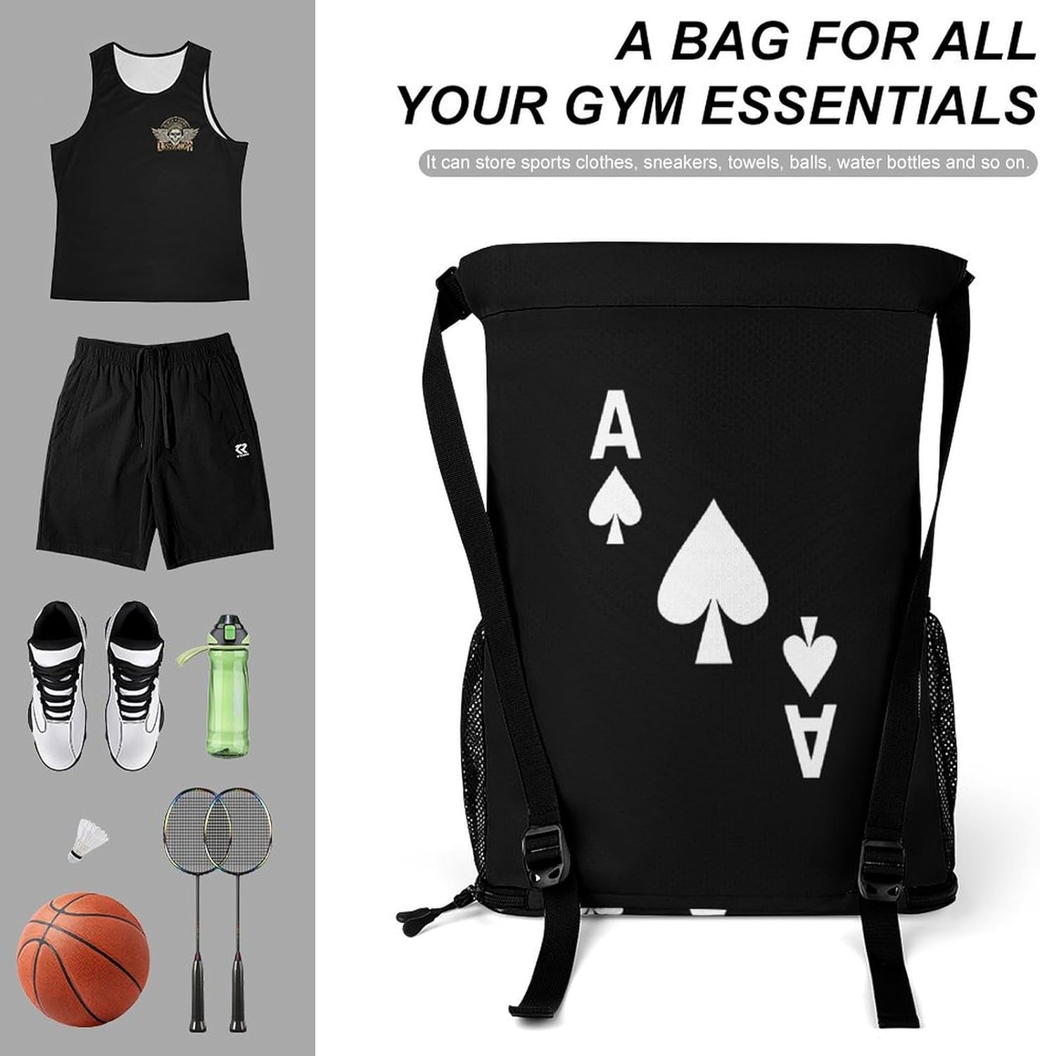 A of Spades Poker Gym Bag Workout Gym Backpack with Shoe Compartment Sports Bags for Women Men