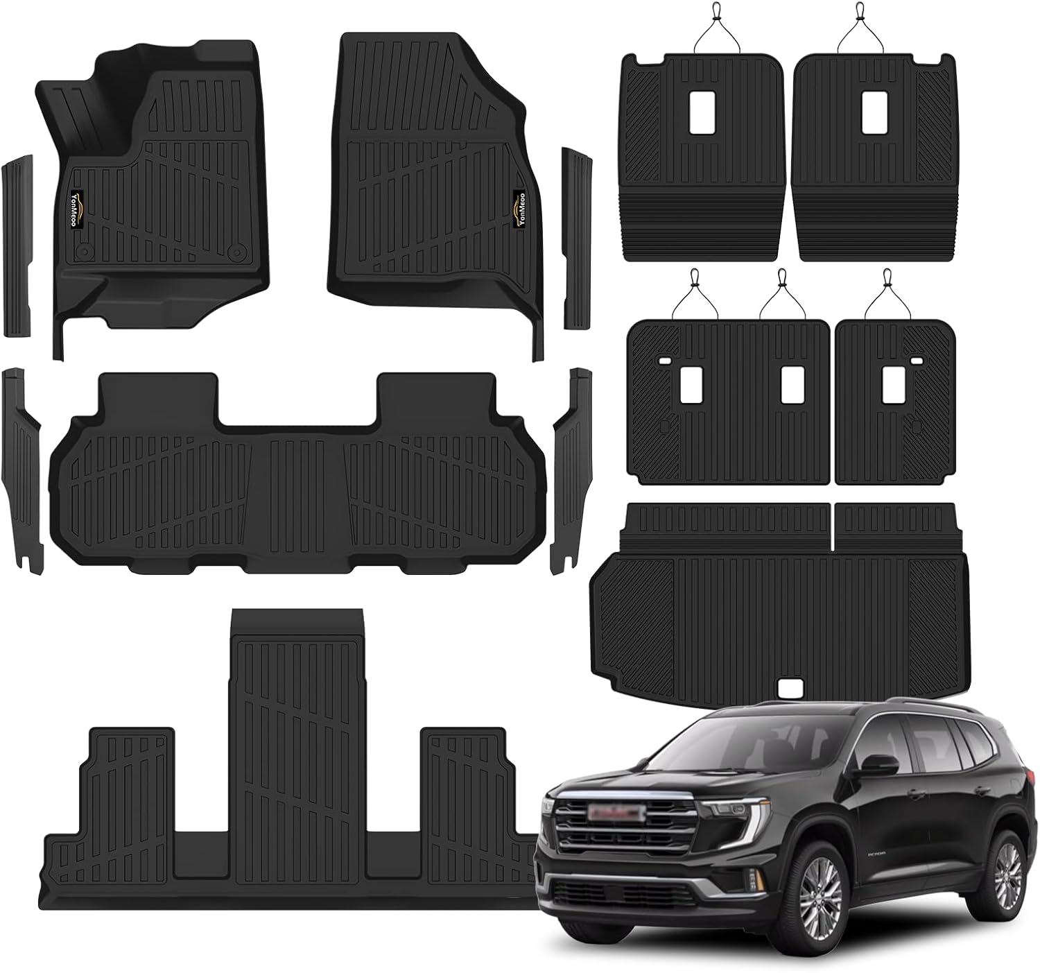 Floor Mats & Cargo Liner for GMC Acadia 2024 2025 2026 (Only 7 Seats) All Weather TPE Set, Door Sill Protectors, 2nd-Row Seat Back Protectors & 3rd Row Backrest Mat – Black Accessories