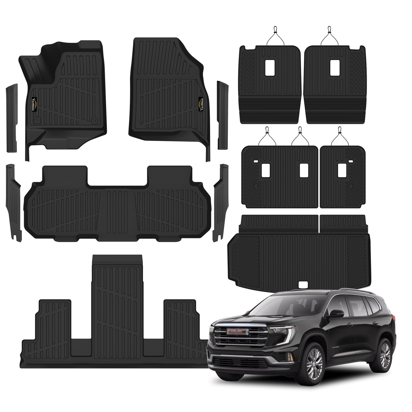 Floor Mats & Cargo Liner for GMC Acadia 2024 2025 2026 (Only 7 Seats) All Weather TPE Set, Door Sill Protectors, 2nd-Row Seat Back Protectors & 3rd Row Backrest Mat – Black Accessories