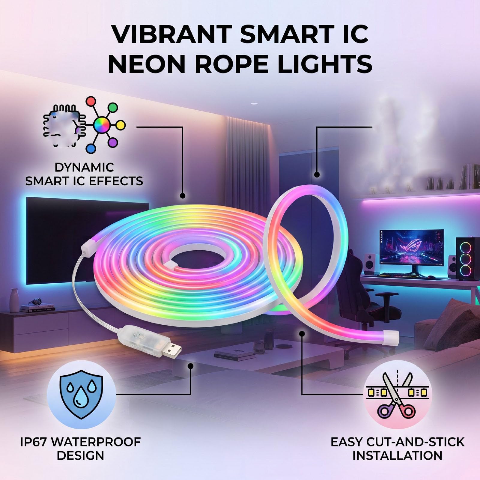 Cosiki USB RGB LED Neon Strip Lights, Flexible Waterproof