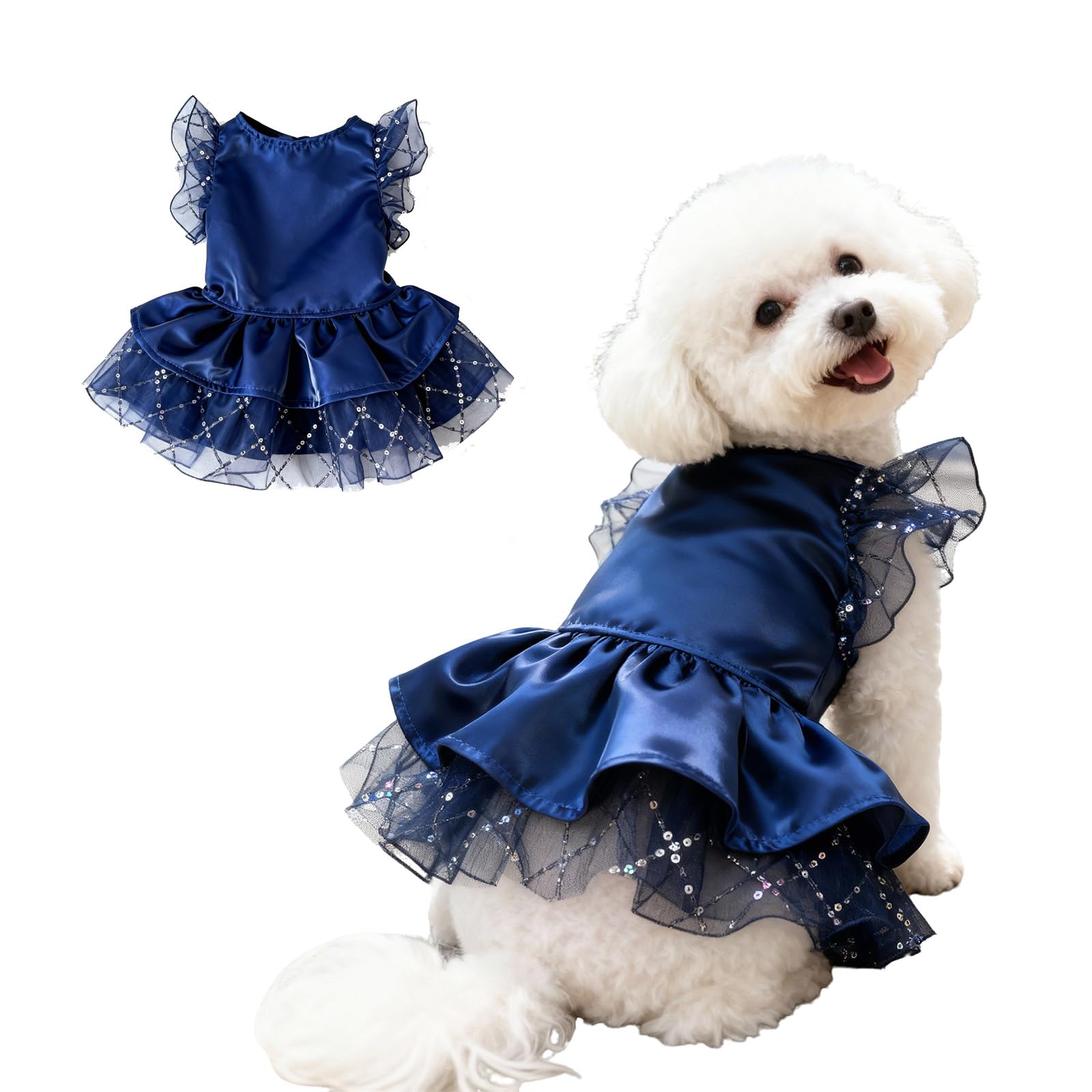 Fenralomi Elegant Pet Dress for Small Medium Dogs Cats, Princess Puppy Wedding Outfit with Lace Ruffle Tutu Skirt, Luxury Party Clothes for Chihuahua Yorkie Kitten (Blue, L)