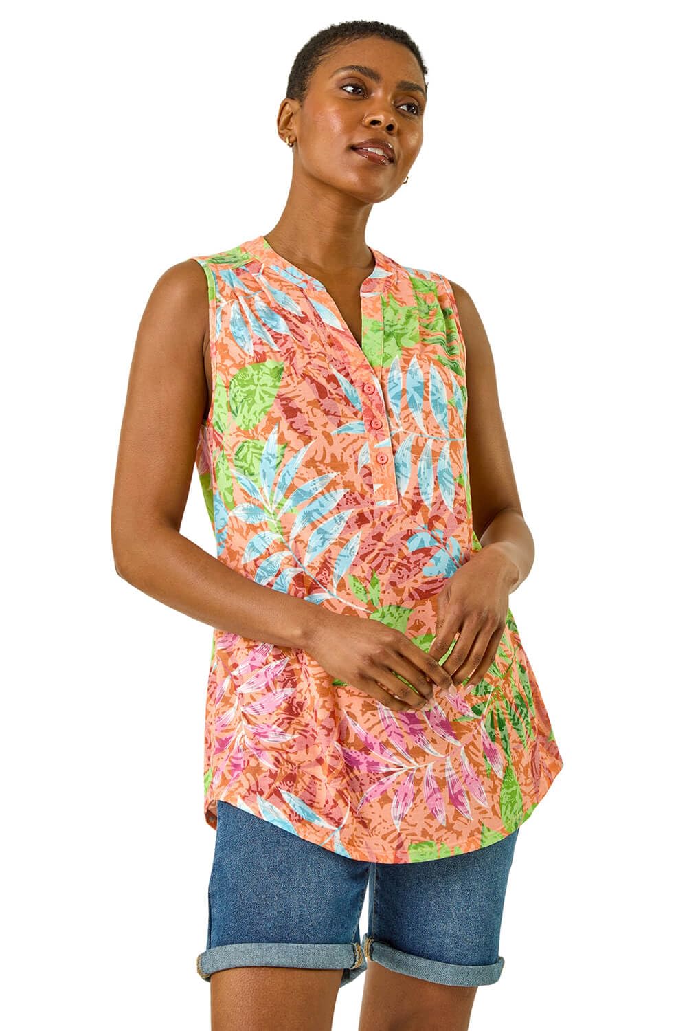 Roman Women's Orange Burnout Leaf Print Vest Top In Size 10